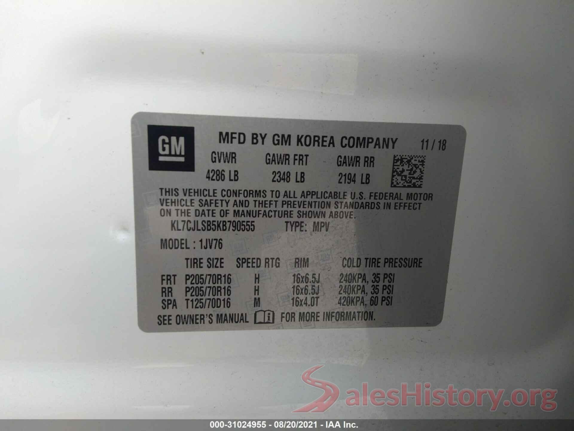 KL7CJLSB5KB790555 2019 CHEVROLET TRAX