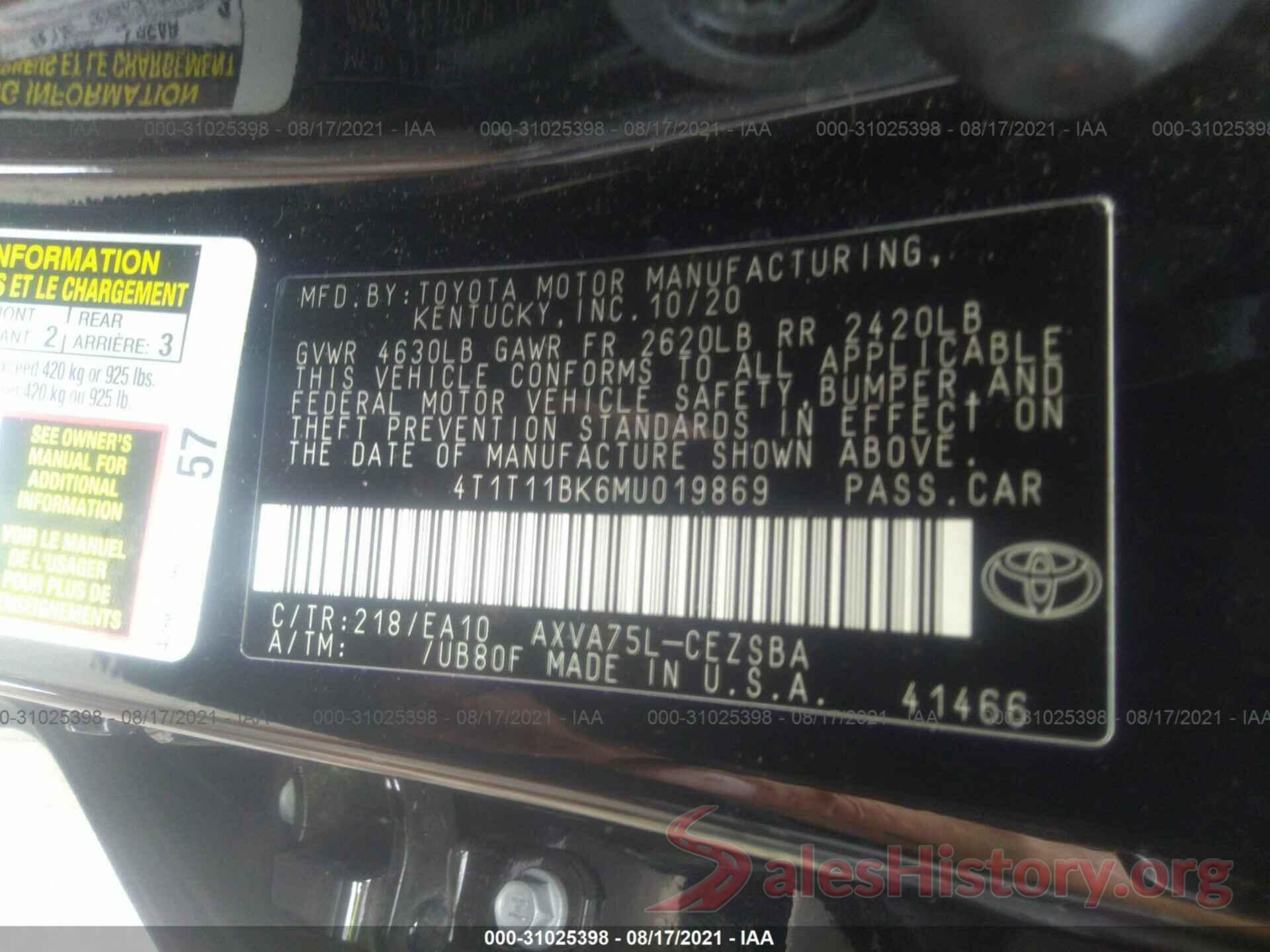 4T1T11BK6MU019869 2021 TOYOTA CAMRY