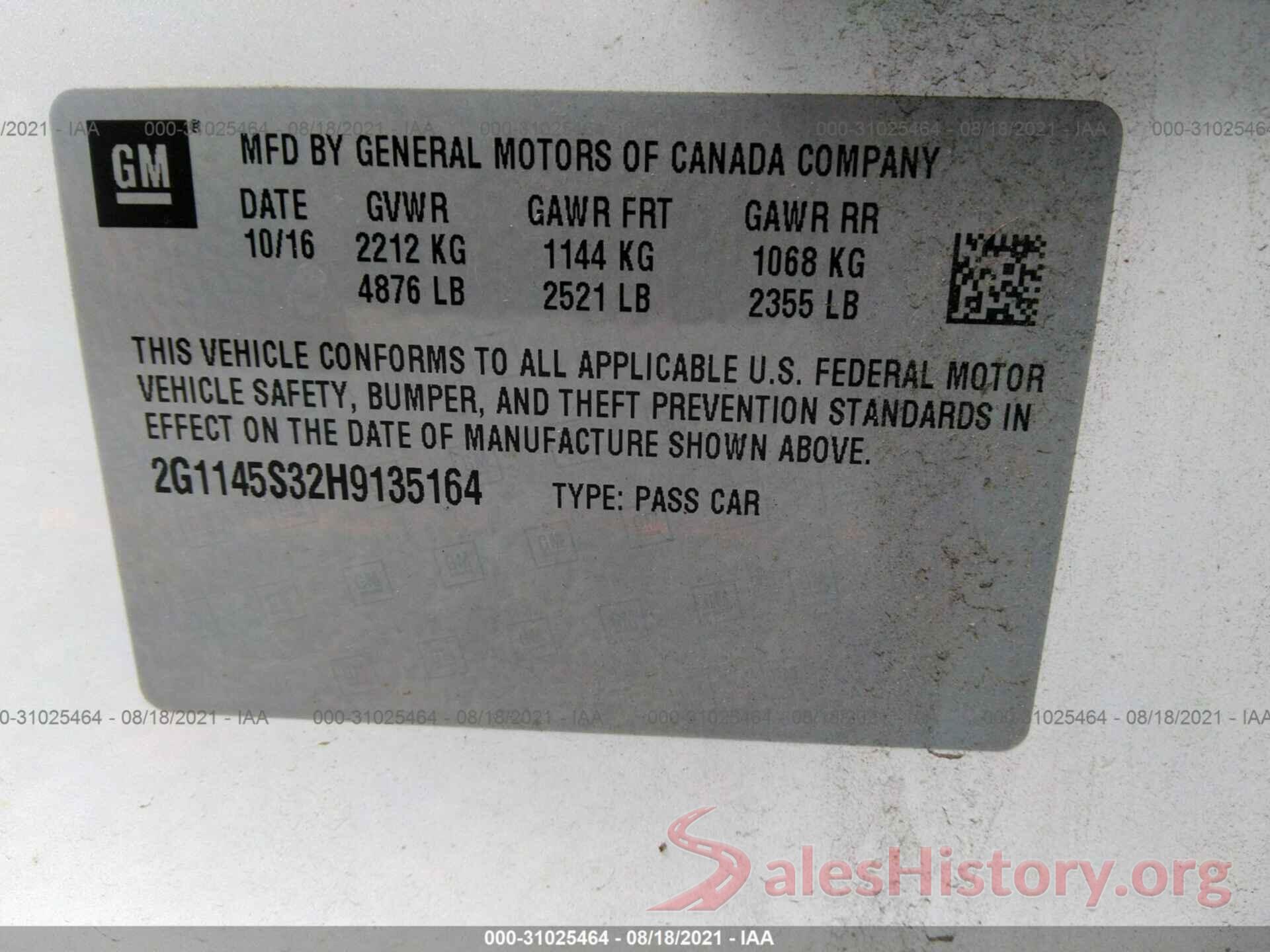 2G1145S32H9135164 2017 CHEVROLET IMPALA