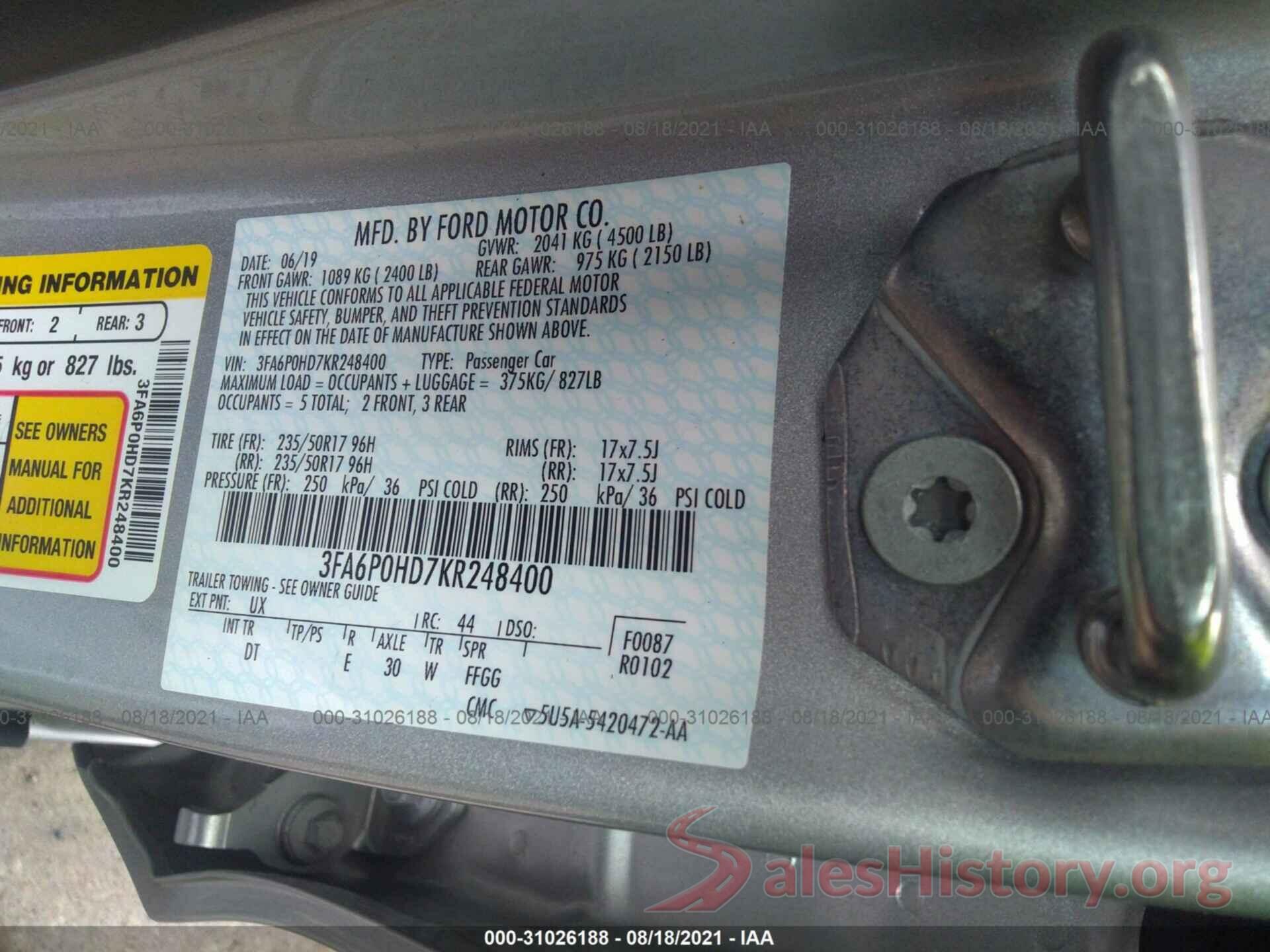 3FA6P0HD7KR248400 2019 FORD FUSION