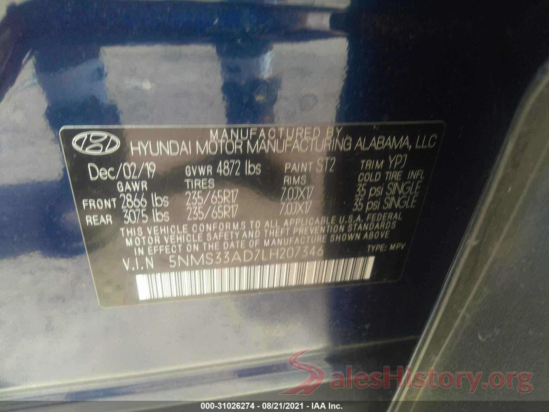 5NMS33AD7LH207346 2020 HYUNDAI SANTA FE