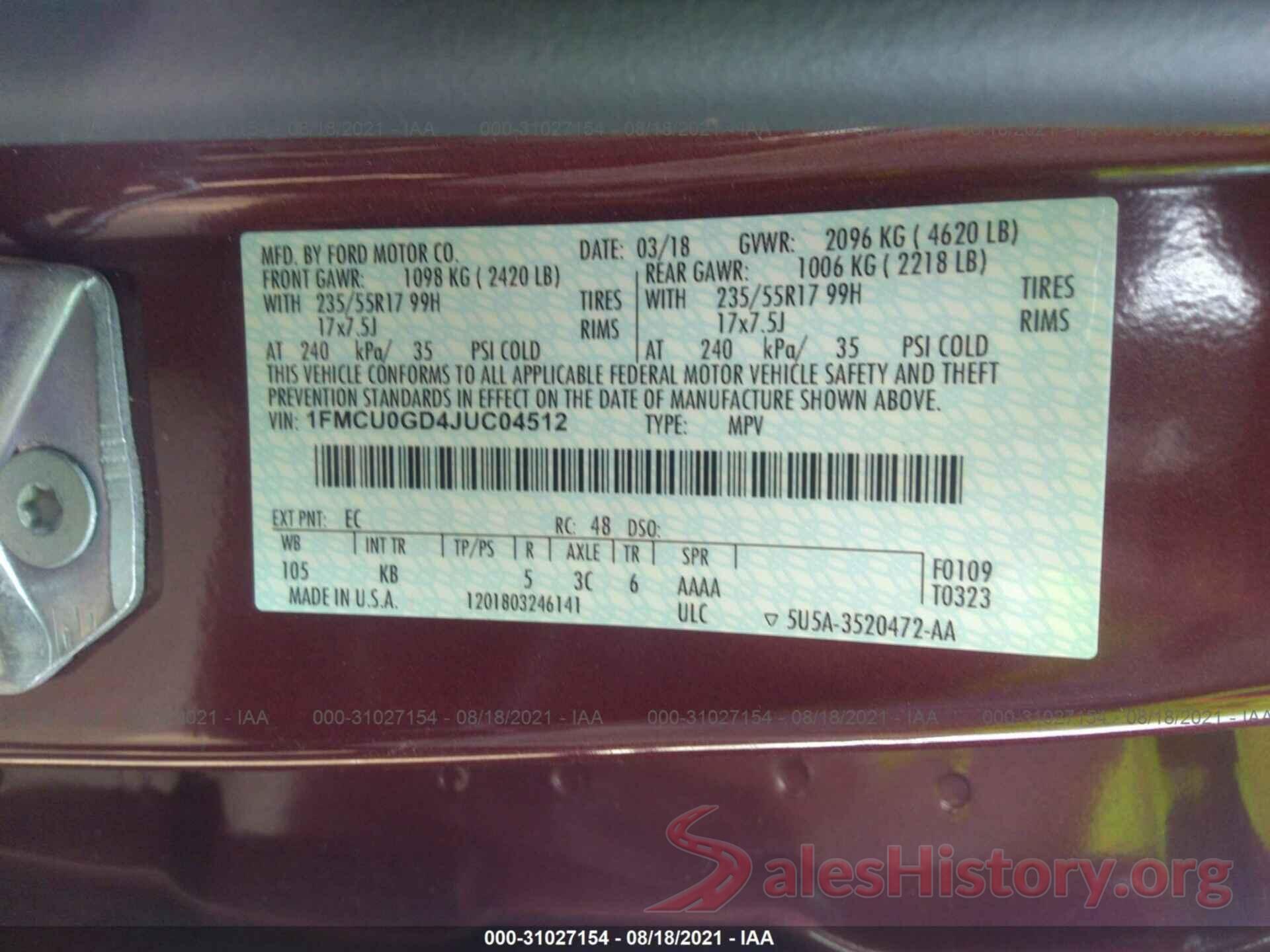 1FMCU0GD4JUC04512 2018 FORD ESCAPE