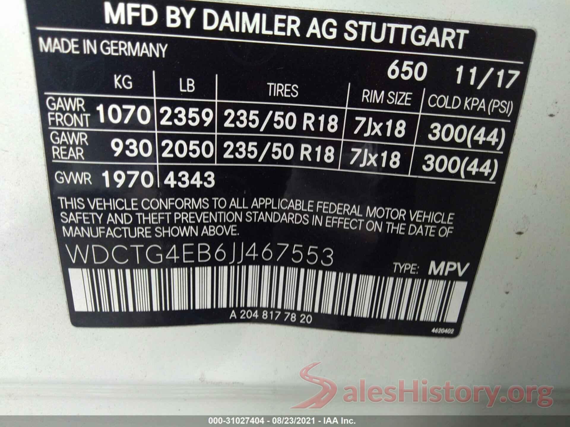 WDCTG4EB6JJ467553 2018 MERCEDES-BENZ GLA