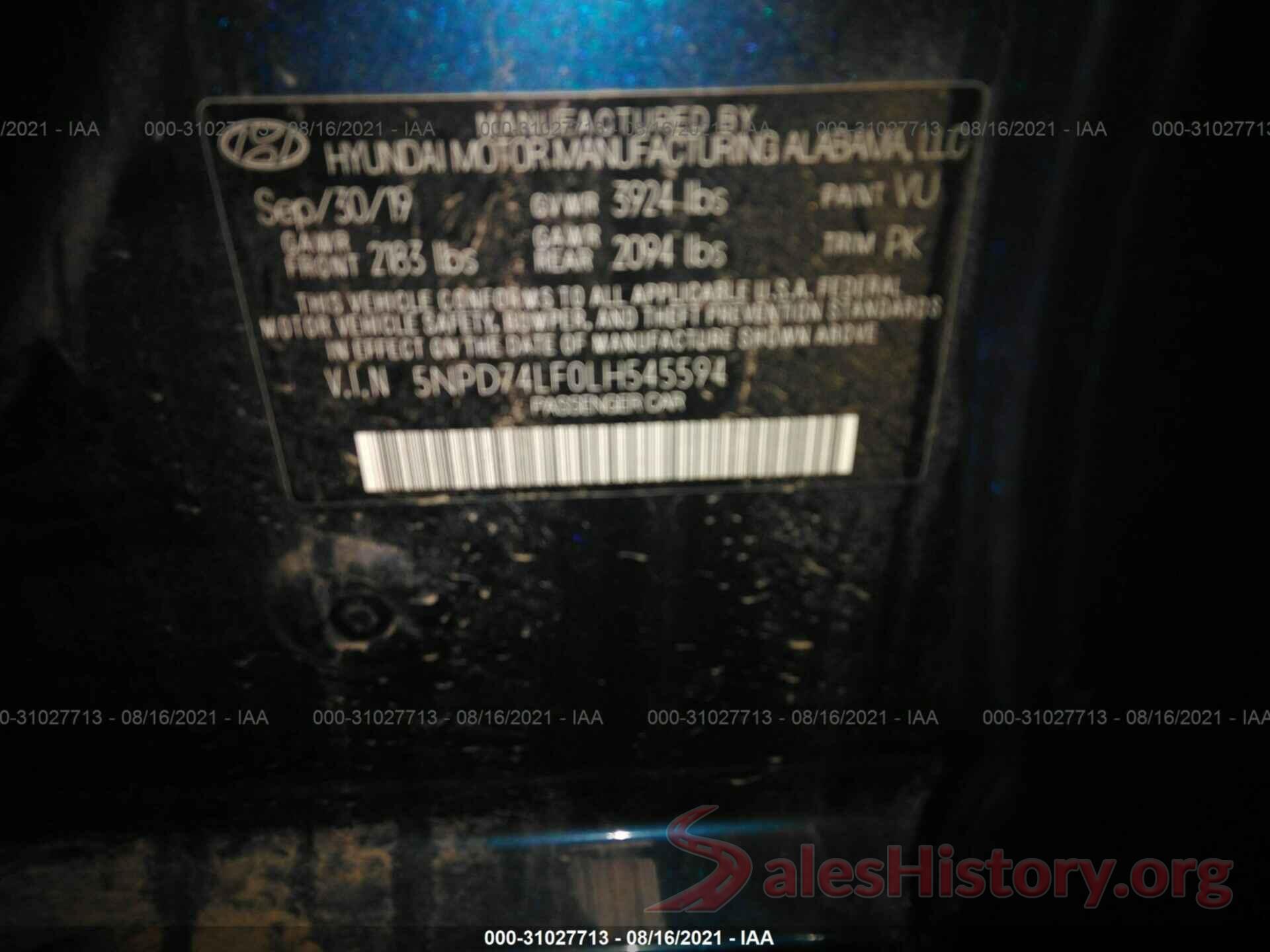 00PD74LF0LH545594 2020 HYUNDAI ELANTRA