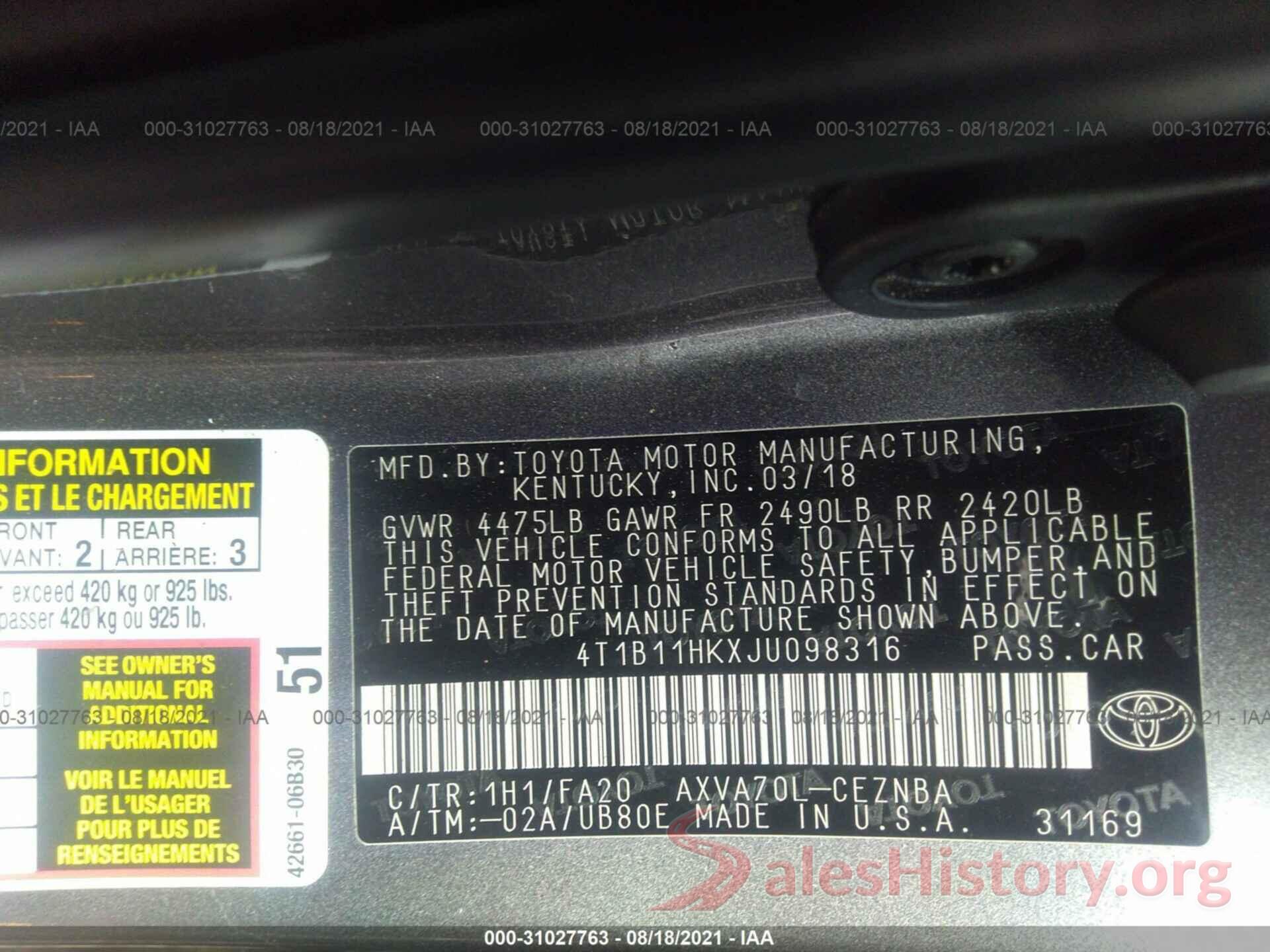 4T1B11HKXJU098316 2018 TOYOTA CAMRY