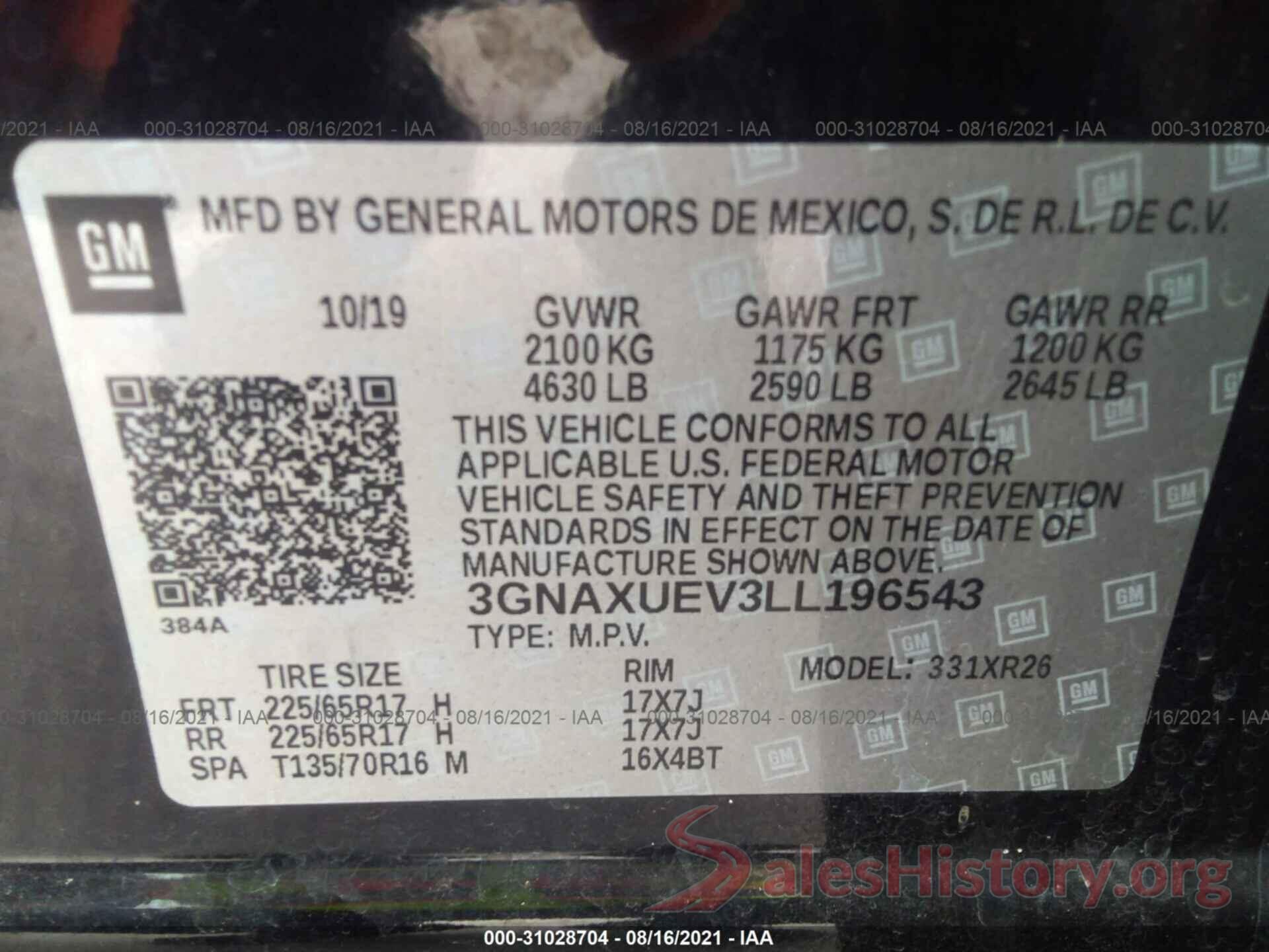 3GNAXUEV3LL196543 2020 CHEVROLET EQUINOX