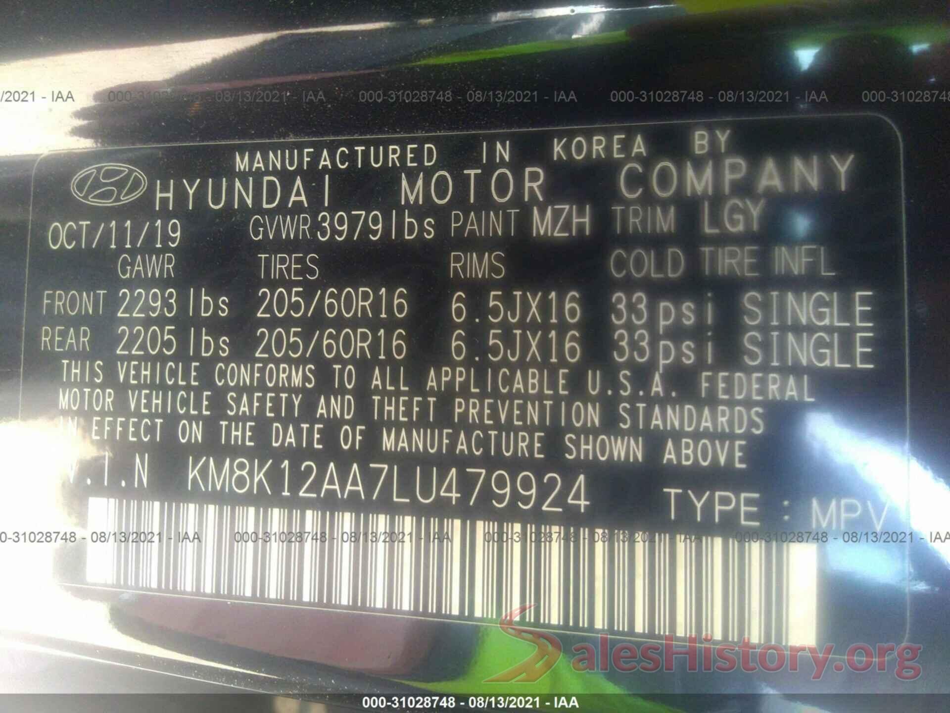 KM8K12AA7LU479924 2020 HYUNDAI KONA