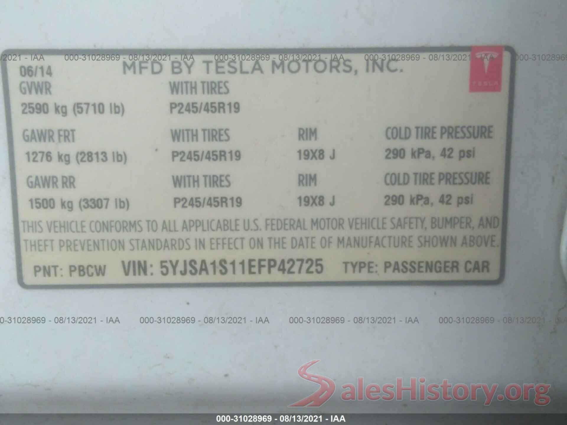 5YJSA1S11EFP42725 2014 TESLA MODEL S