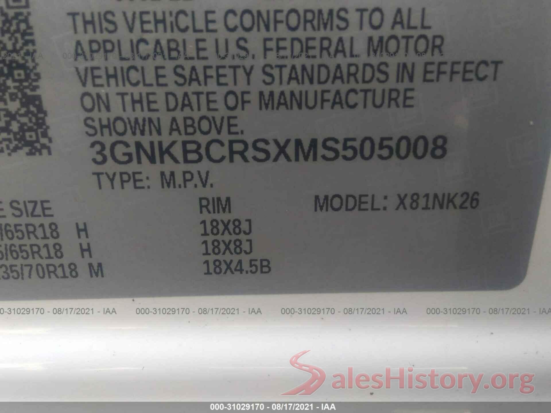 3GNKBCRSXMS505008 2021 CHEVROLET BLAZER