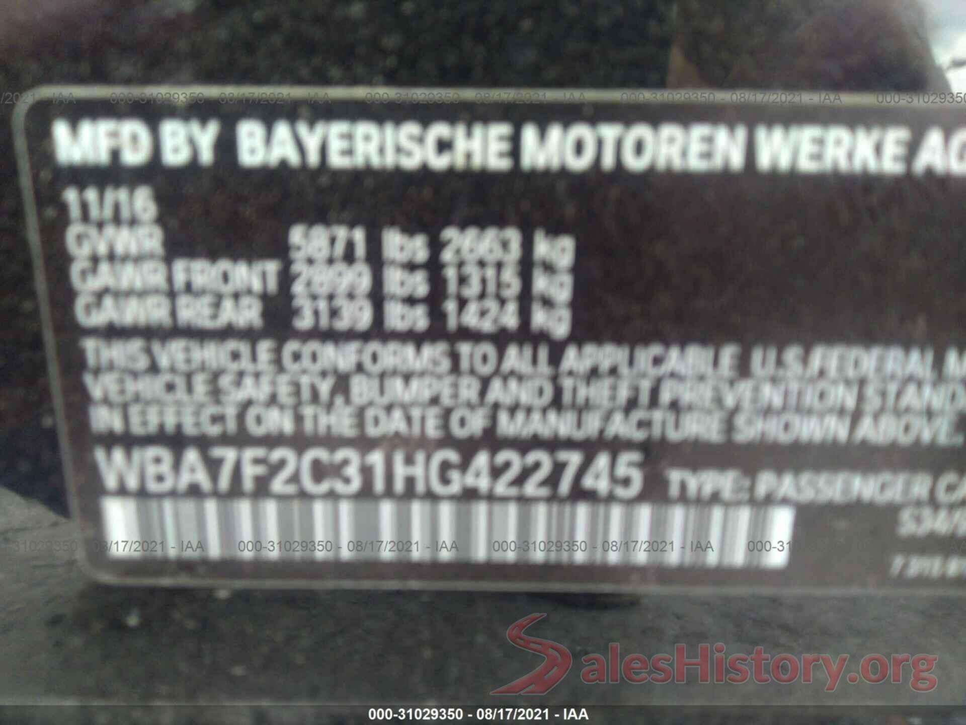 WBA7F2C31HG422745 2017 BMW 7 SERIES