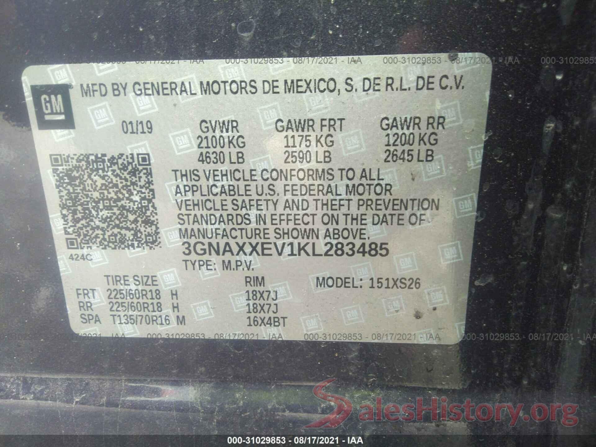 3GNAXXEV1KL283485 2019 CHEVROLET EQUINOX