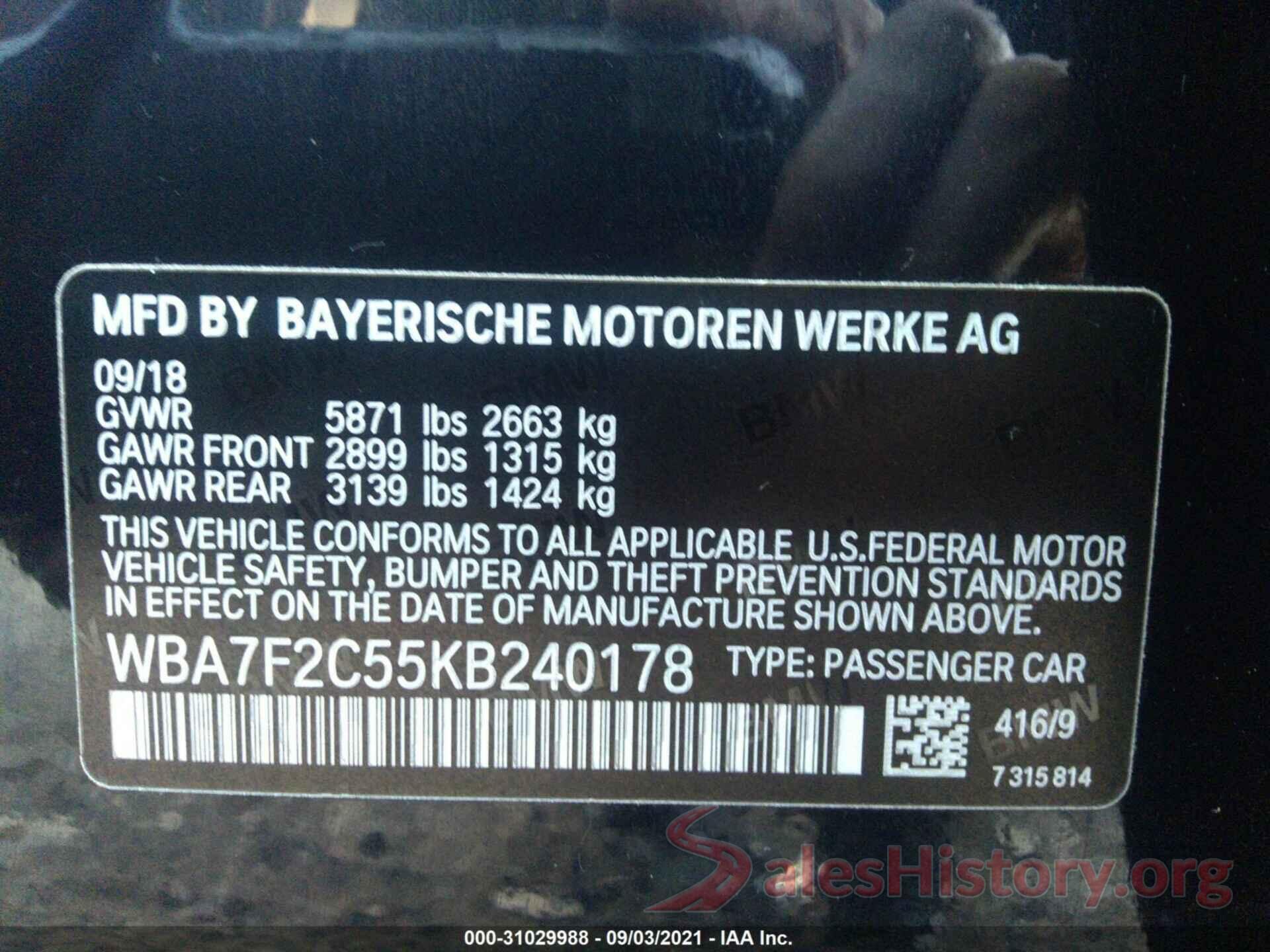 WBA7F2C55KB240178 2019 BMW 7 SERIES