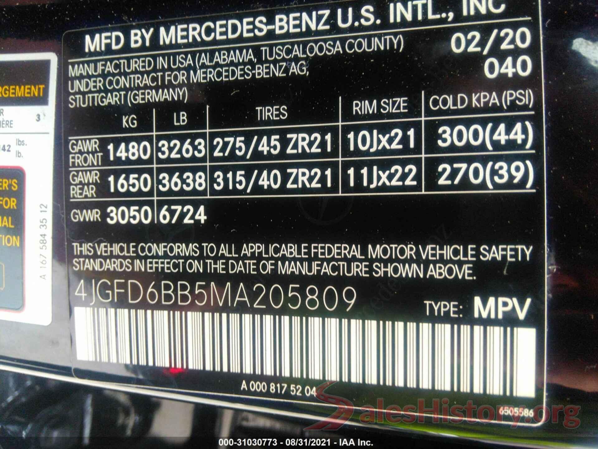 4JGFD6BB5MA205809 2021 MERCEDES-BENZ GLE