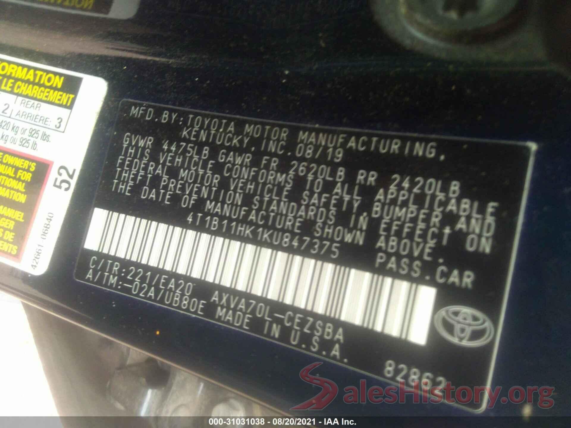 4T1B11HK1KU847375 2019 TOYOTA CAMRY