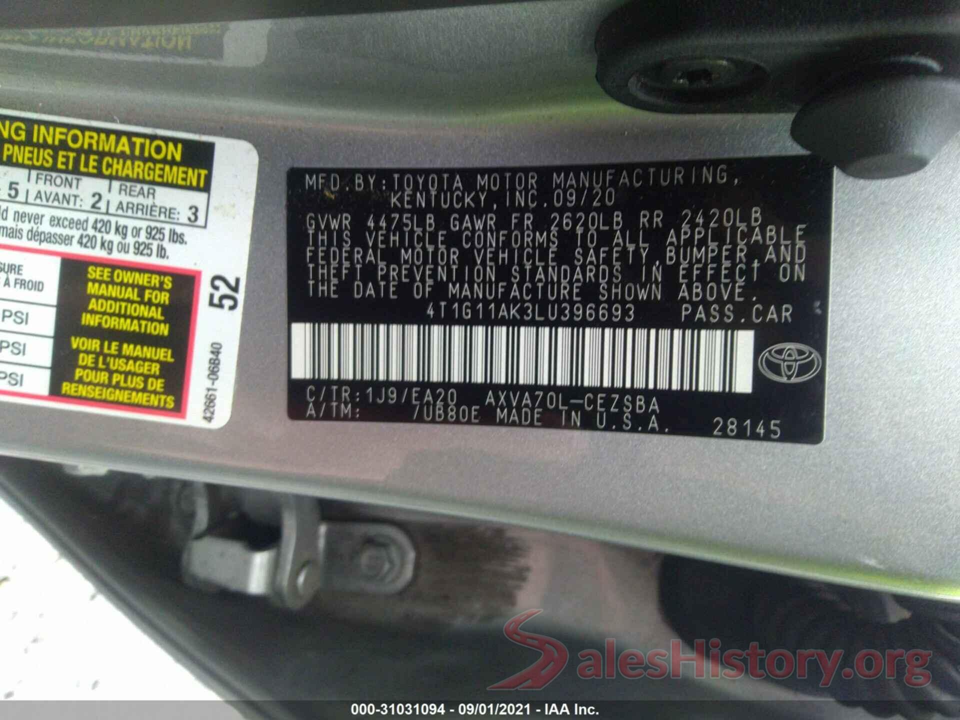 4T1G11AK3LU396693 2020 TOYOTA CAMRY