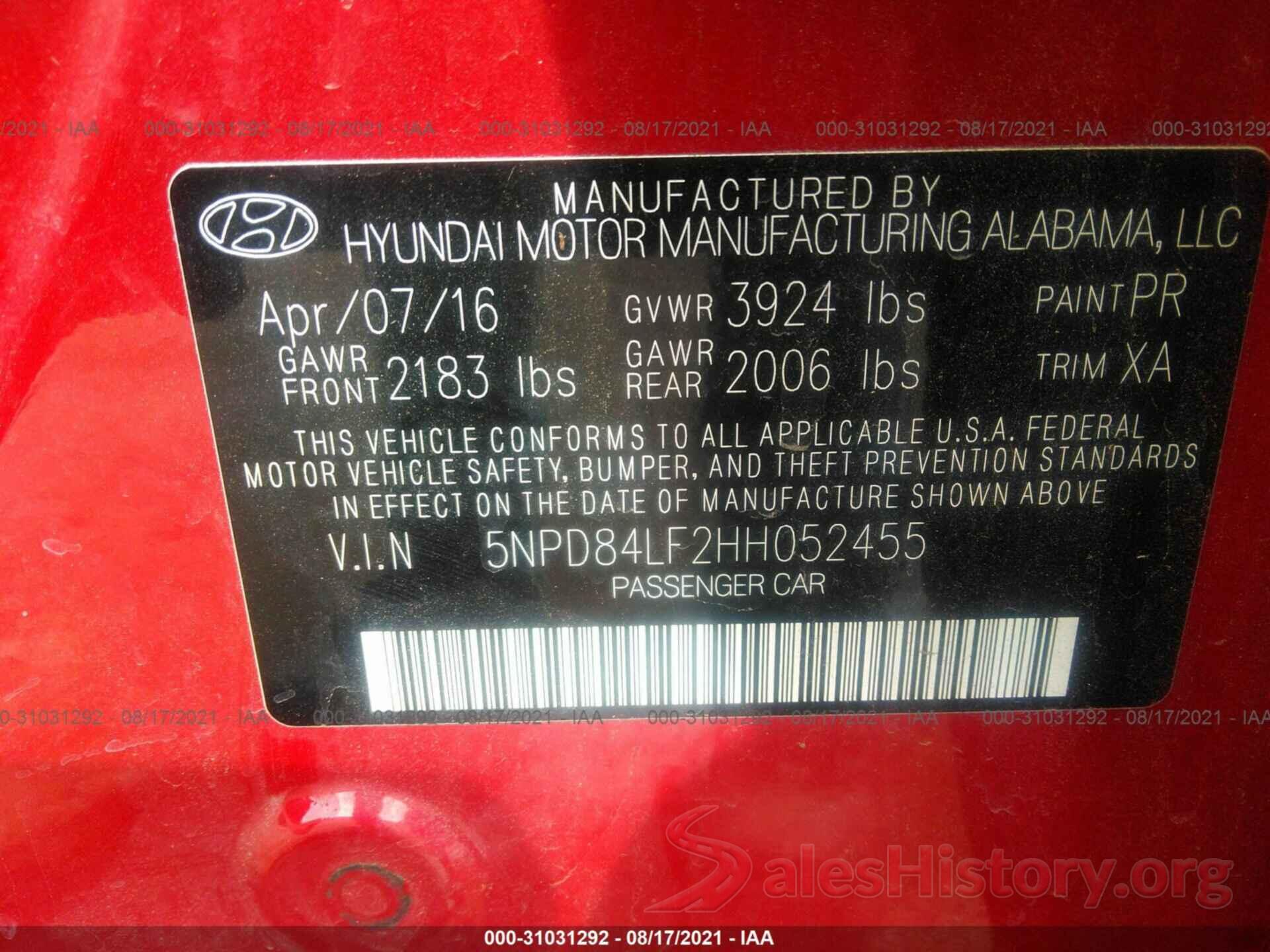 5NPD84LF2HH052455 2017 HYUNDAI ELANTRA