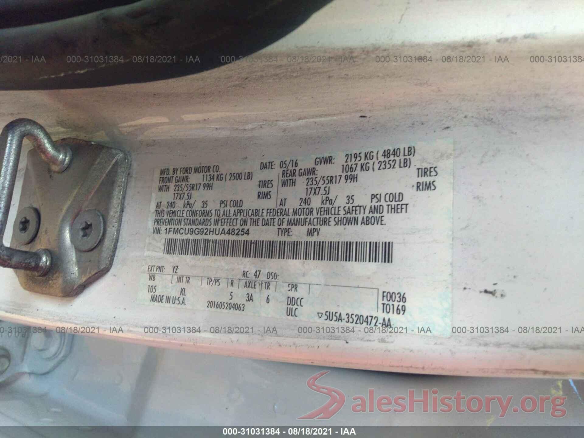 1FMCU9G92HUA48254 2017 FORD ESCAPE