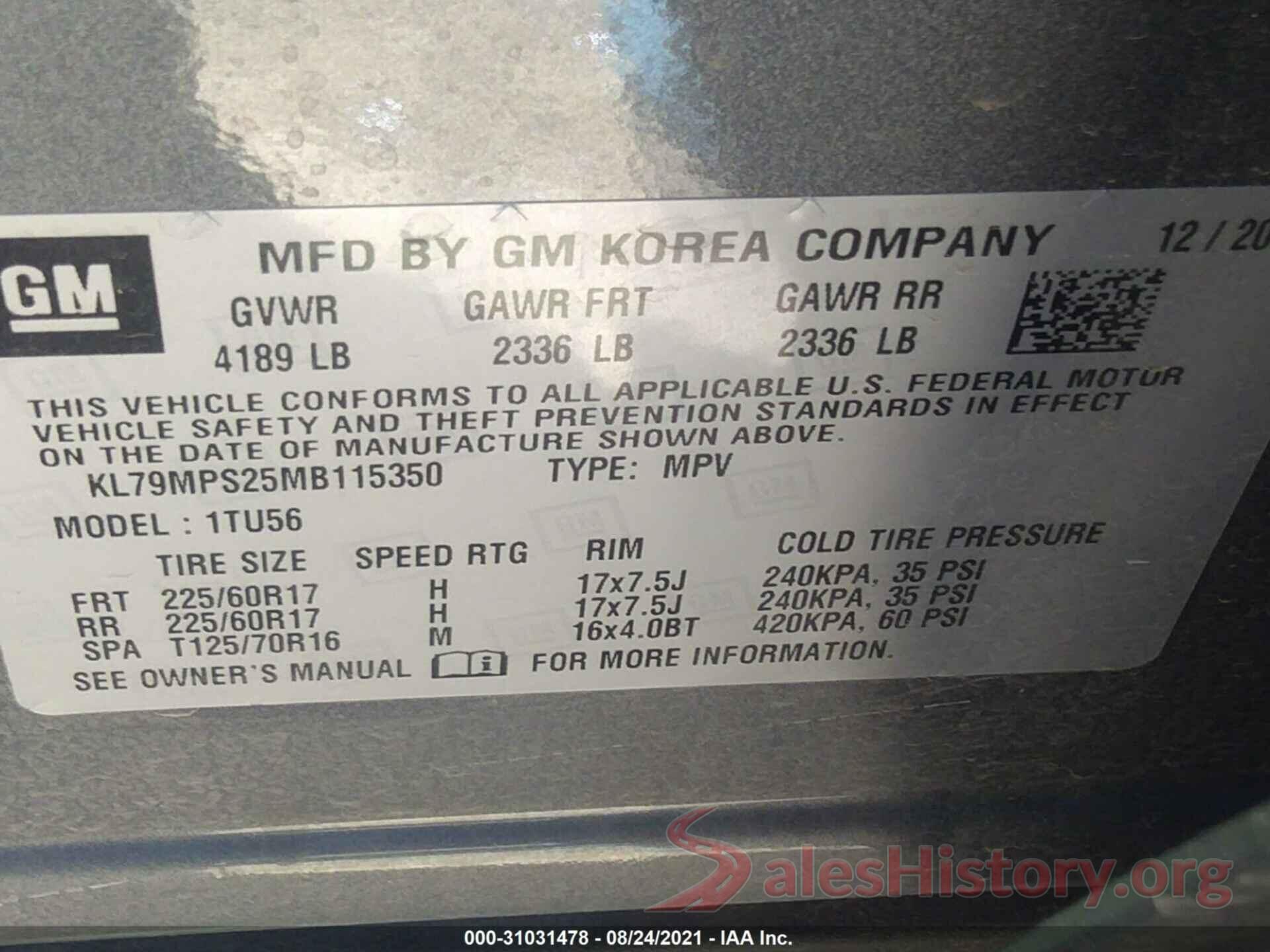 KL79MPS25MB115350 2021 CHEVROLET TRAILBLAZER