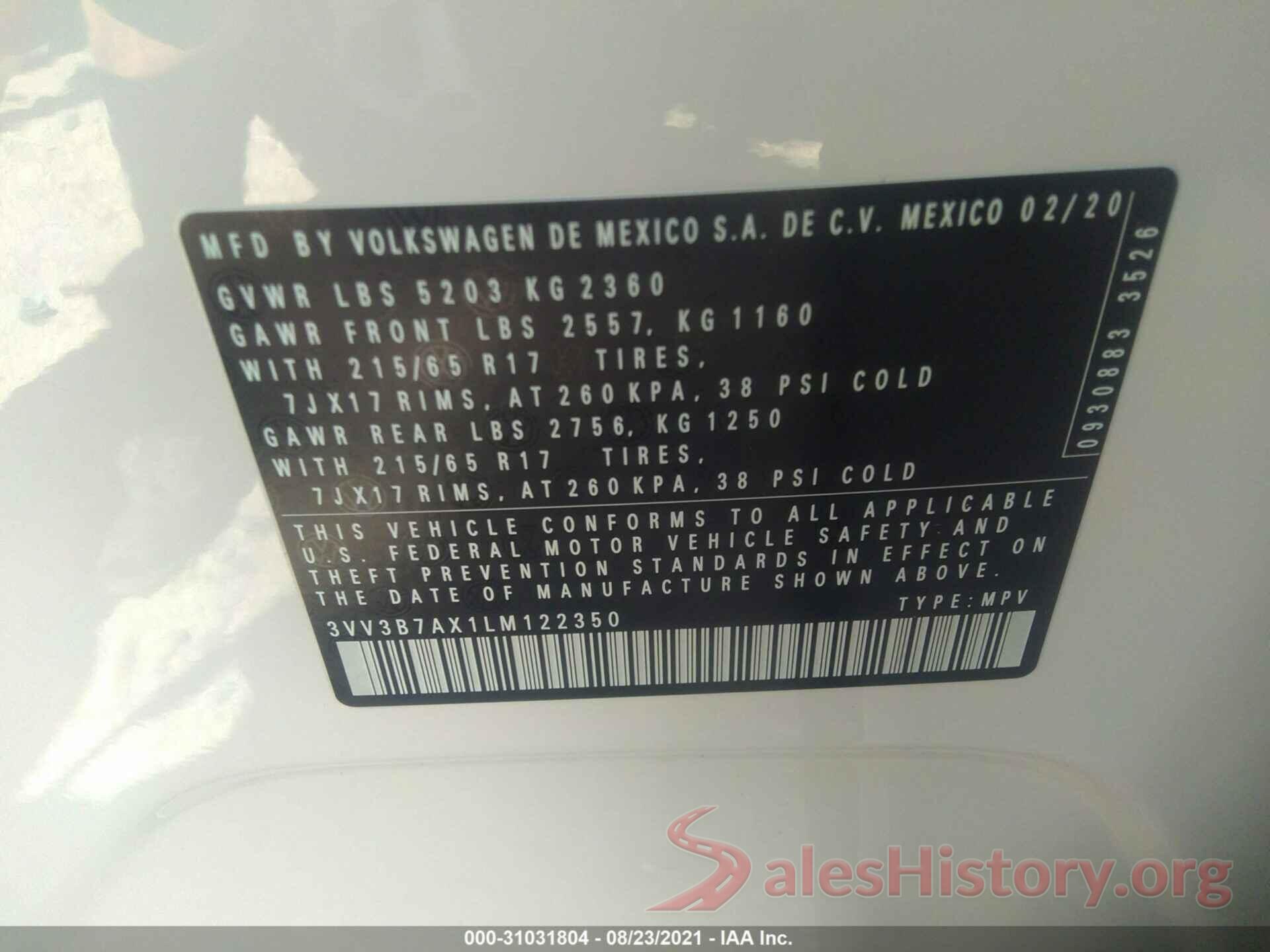 3VV3B7AX1LM122350 2020 VOLKSWAGEN TIGUAN