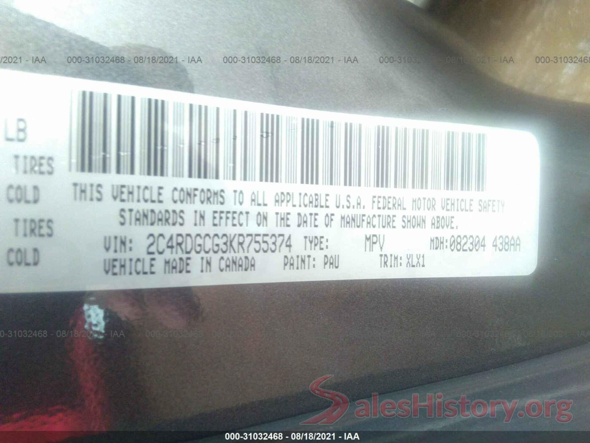 2C4RDGCG3KR755374 2019 DODGE GRAND CARAVAN