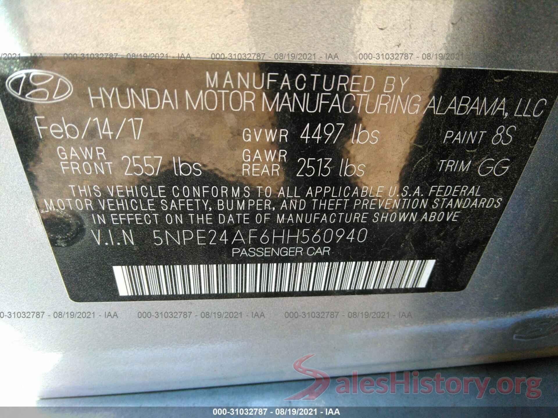 5NPE24AF6HH560940 2017 HYUNDAI SONATA