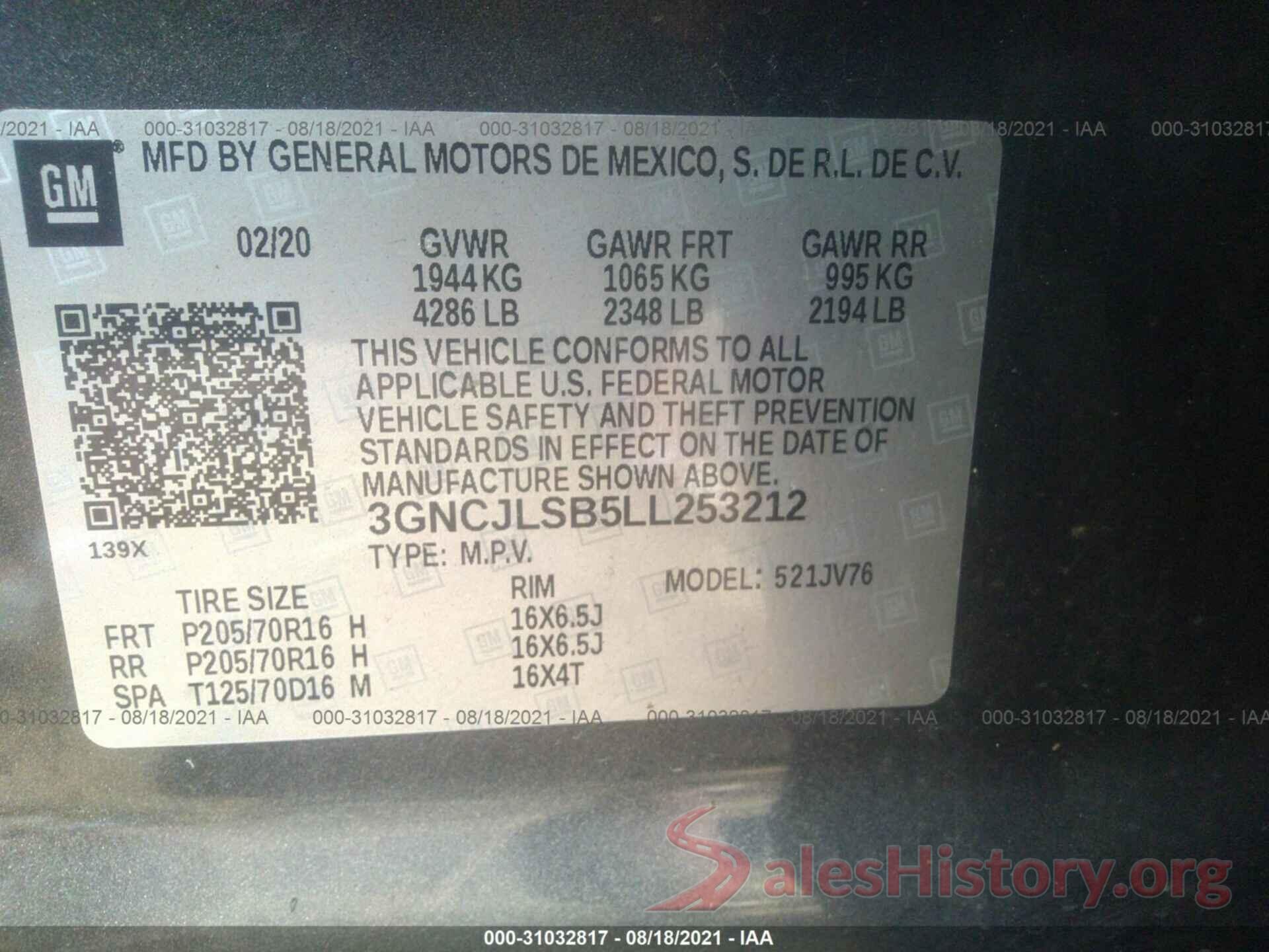 3GNCJLSB5LL253212 2020 CHEVROLET TRAX