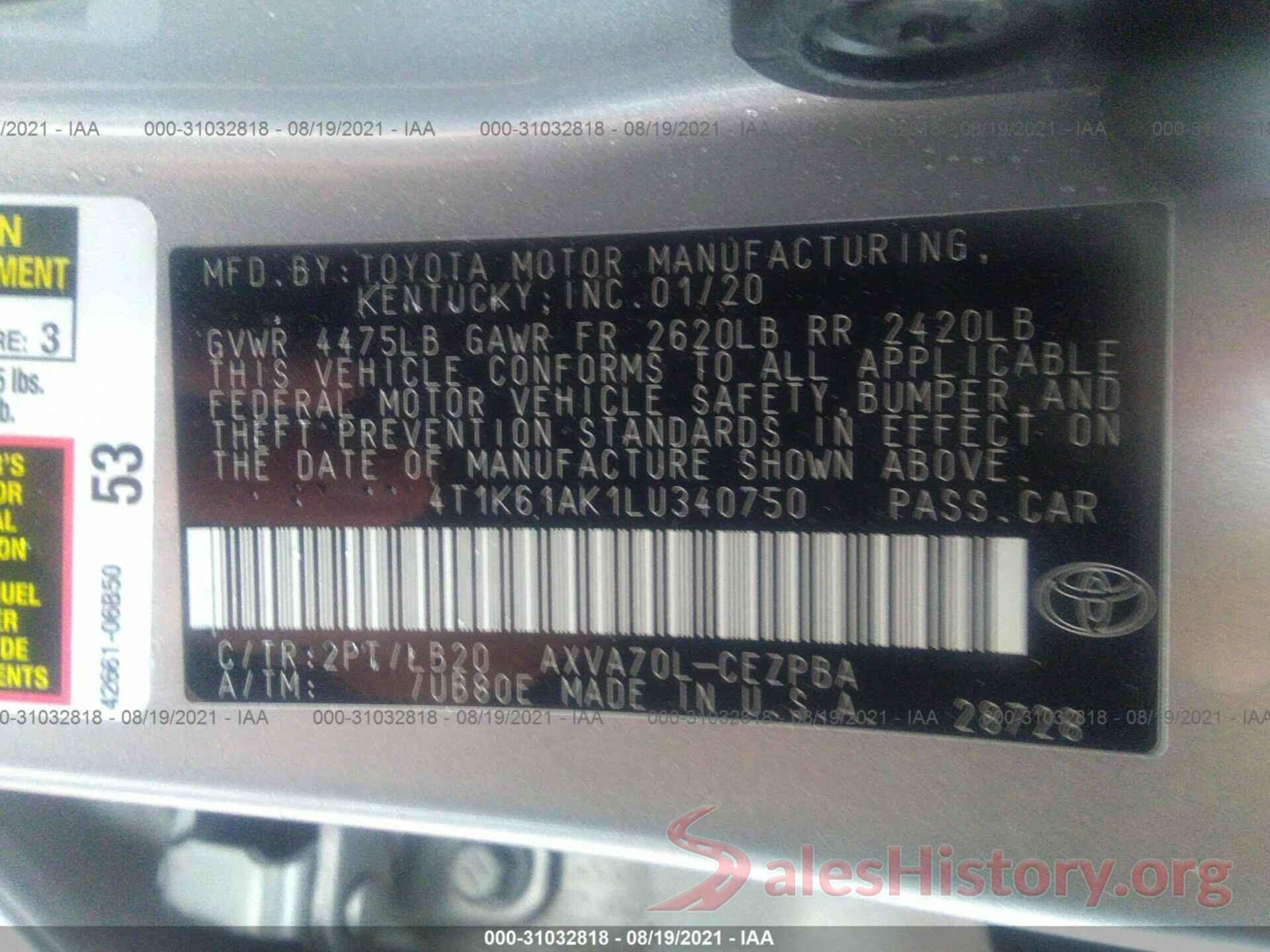 4T1K61AK1LU340750 2020 TOYOTA CAMRY