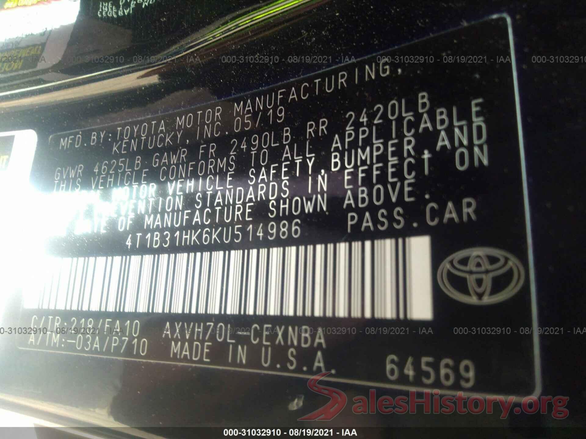 4T1B31HK6KU514986 2019 TOYOTA CAMRY