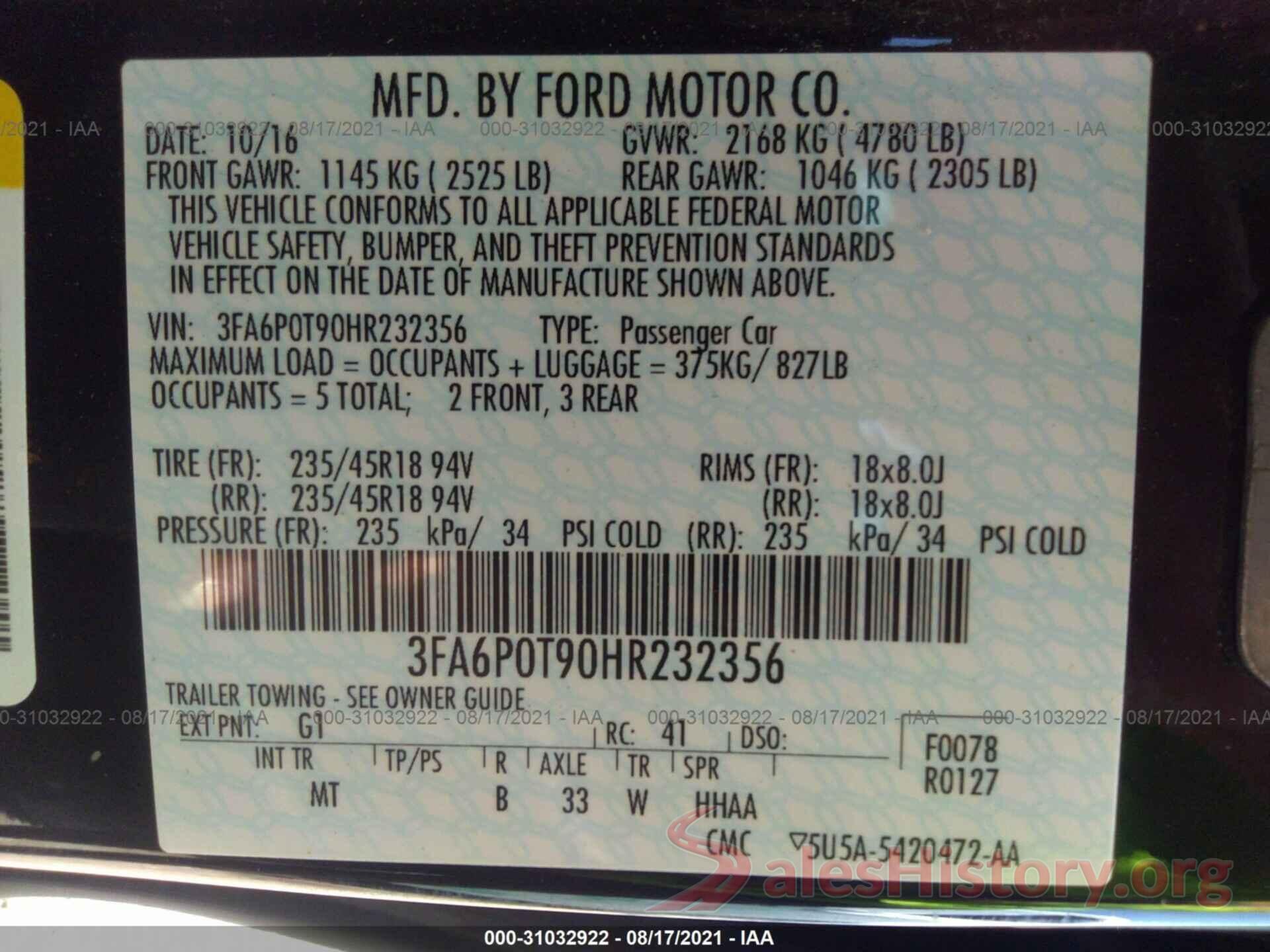 3FA6P0T90HR232356 2017 FORD FUSION