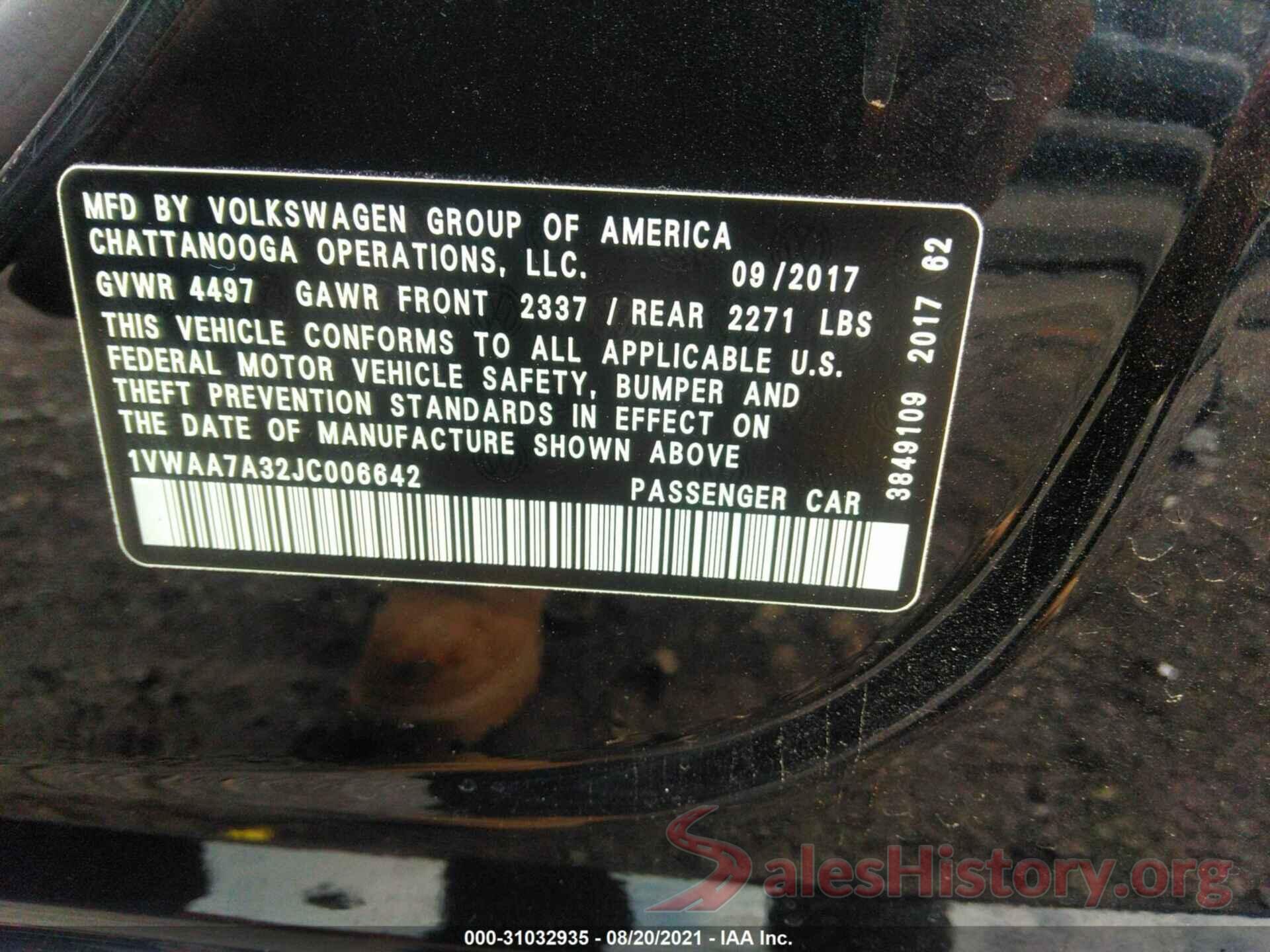 1VWAA7A32JC006642 2018 VOLKSWAGEN PASSAT