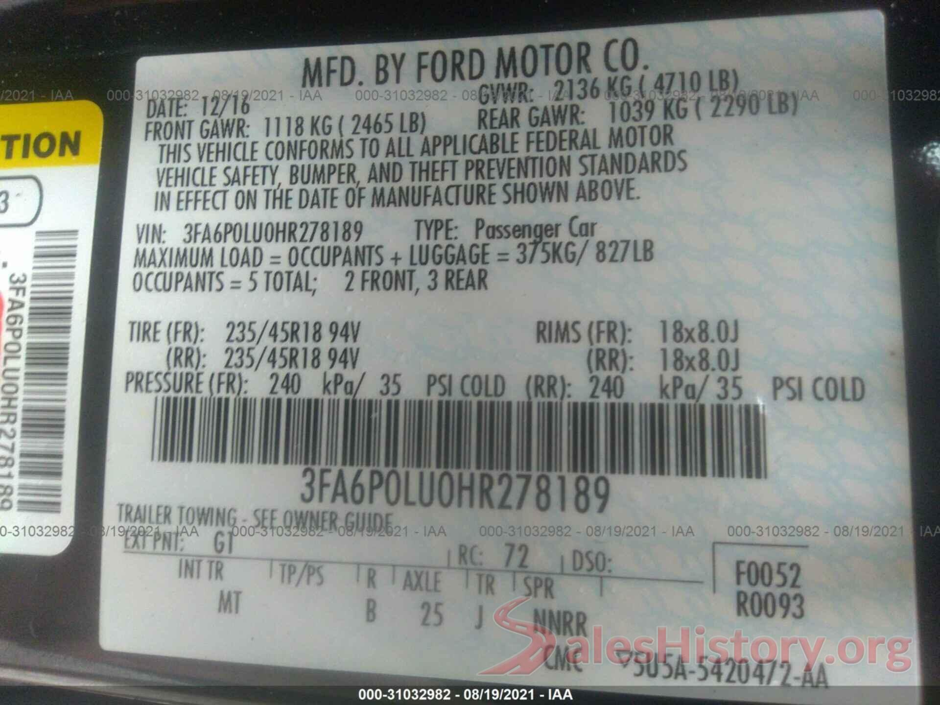 3FA6P0LU0HR278189 2017 FORD FUSION