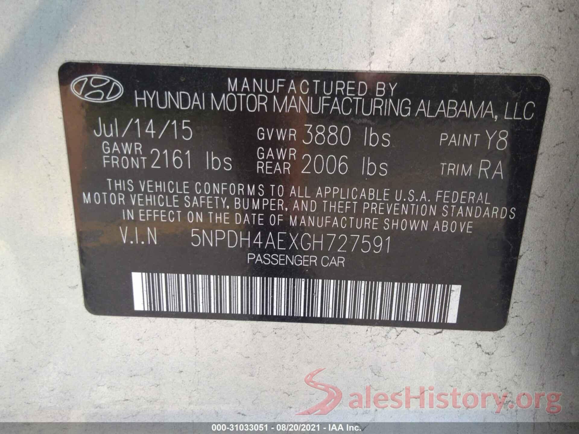 5NPDH4AEXGH727591 2016 HYUNDAI ELANTRA