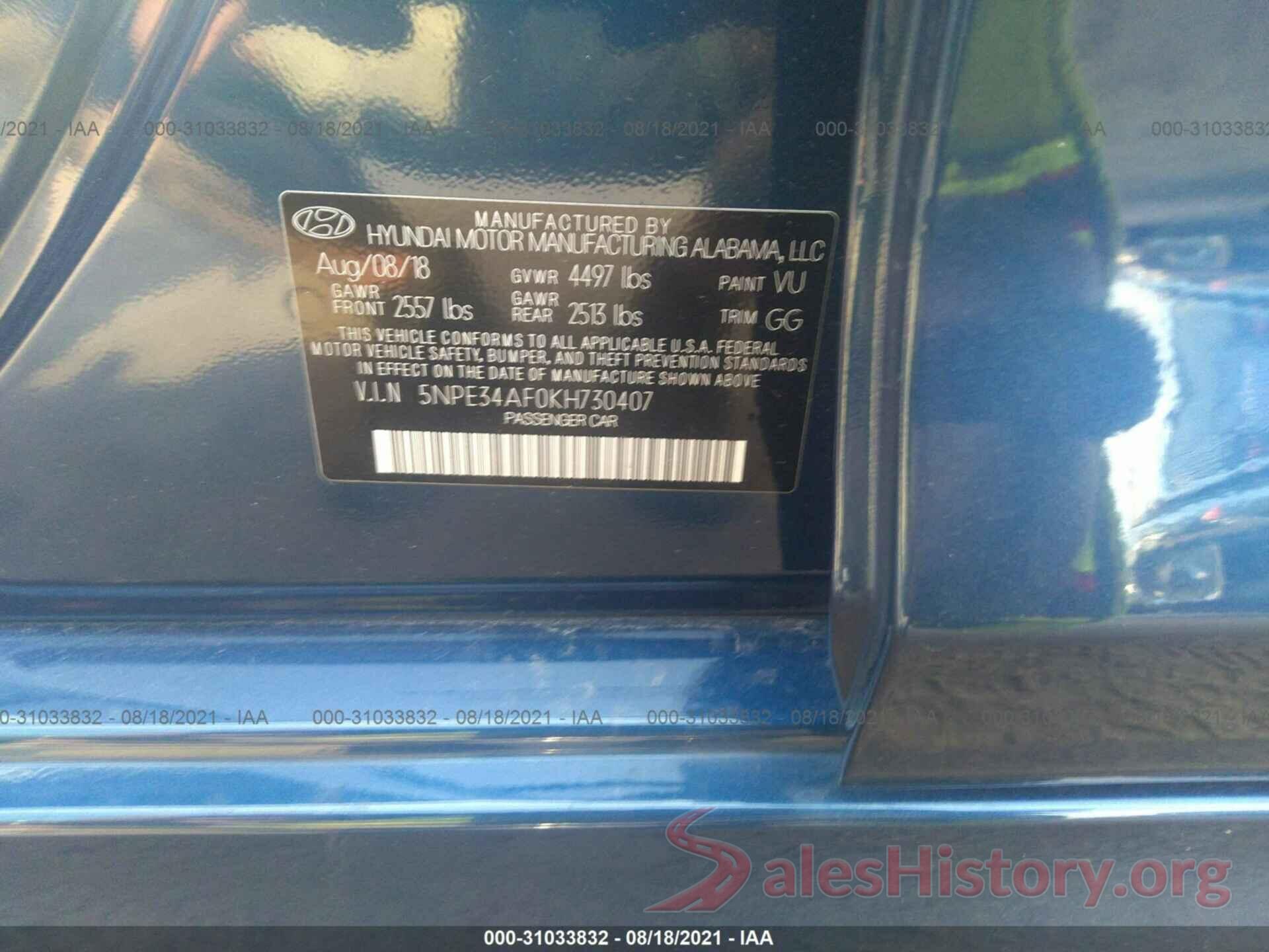 5NPE34AF0KH730407 2019 HYUNDAI SONATA