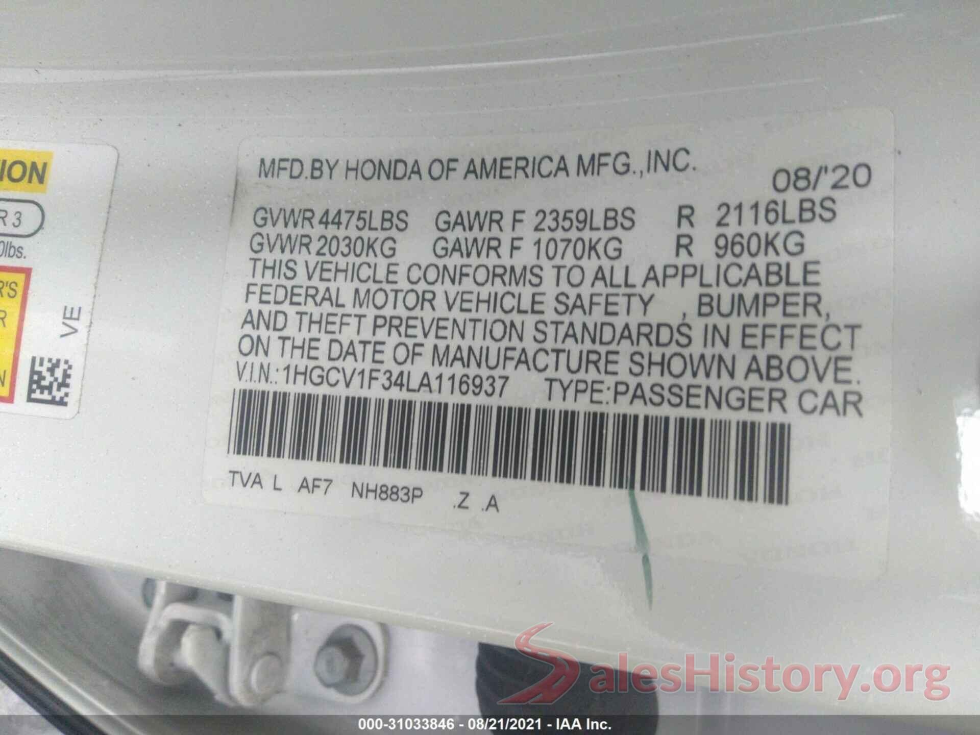 1HGCV1F34LA116937 2020 HONDA ACCORD SEDAN