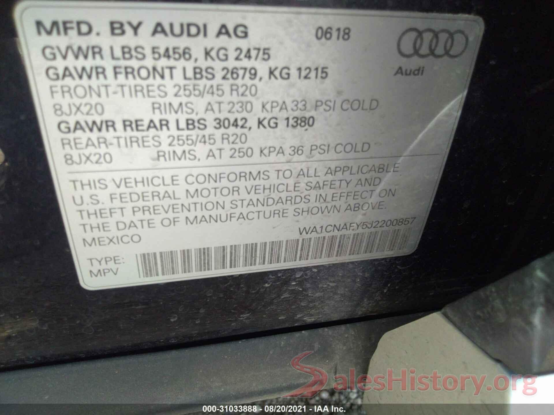 WA1CNAFY5J2200857 2018 AUDI Q5