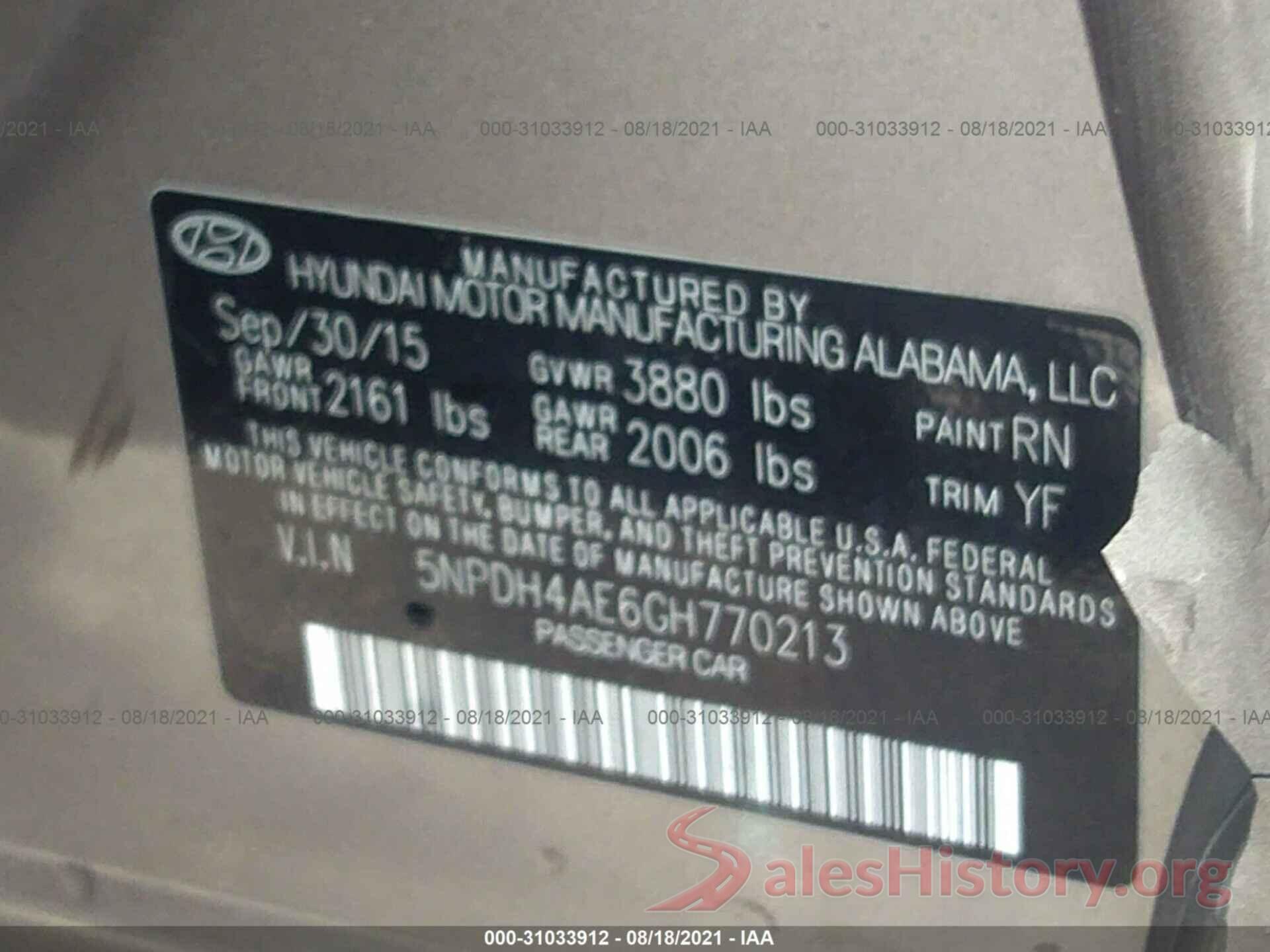 5NPDH4AE6GH770213 2016 HYUNDAI ELANTRA