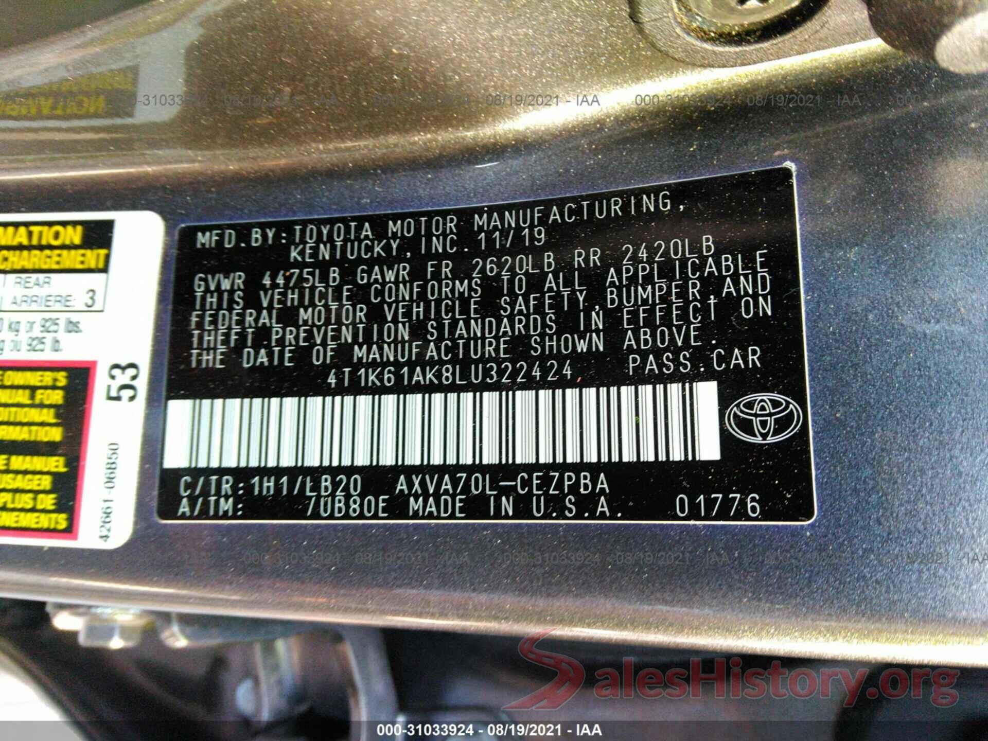 4T1K61AK8LU322424 2020 TOYOTA CAMRY