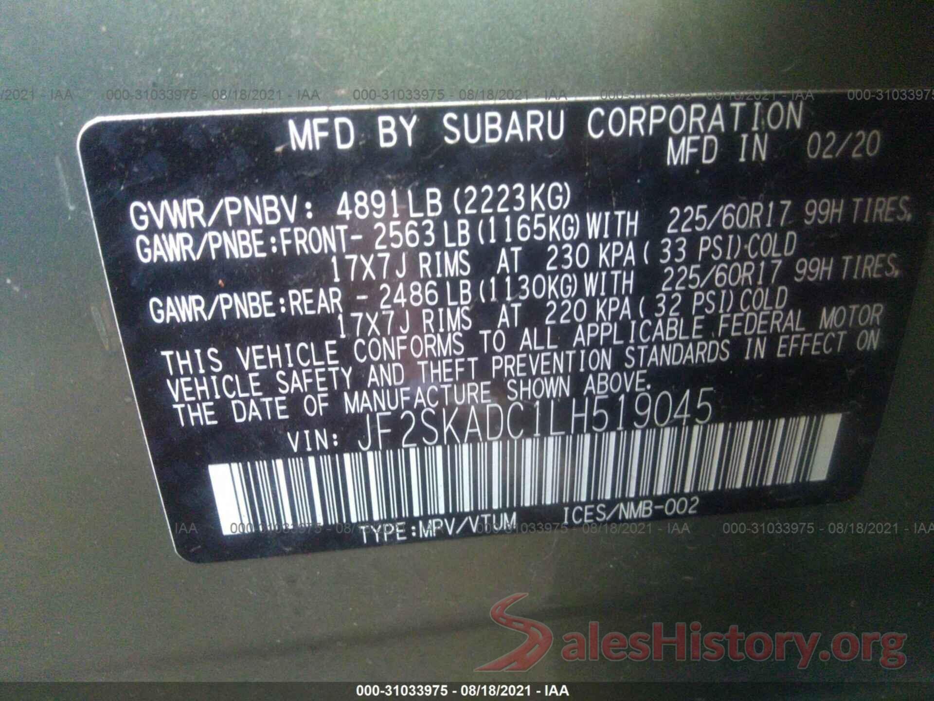 JF2SKADC1LH519045 2020 SUBARU FORESTER