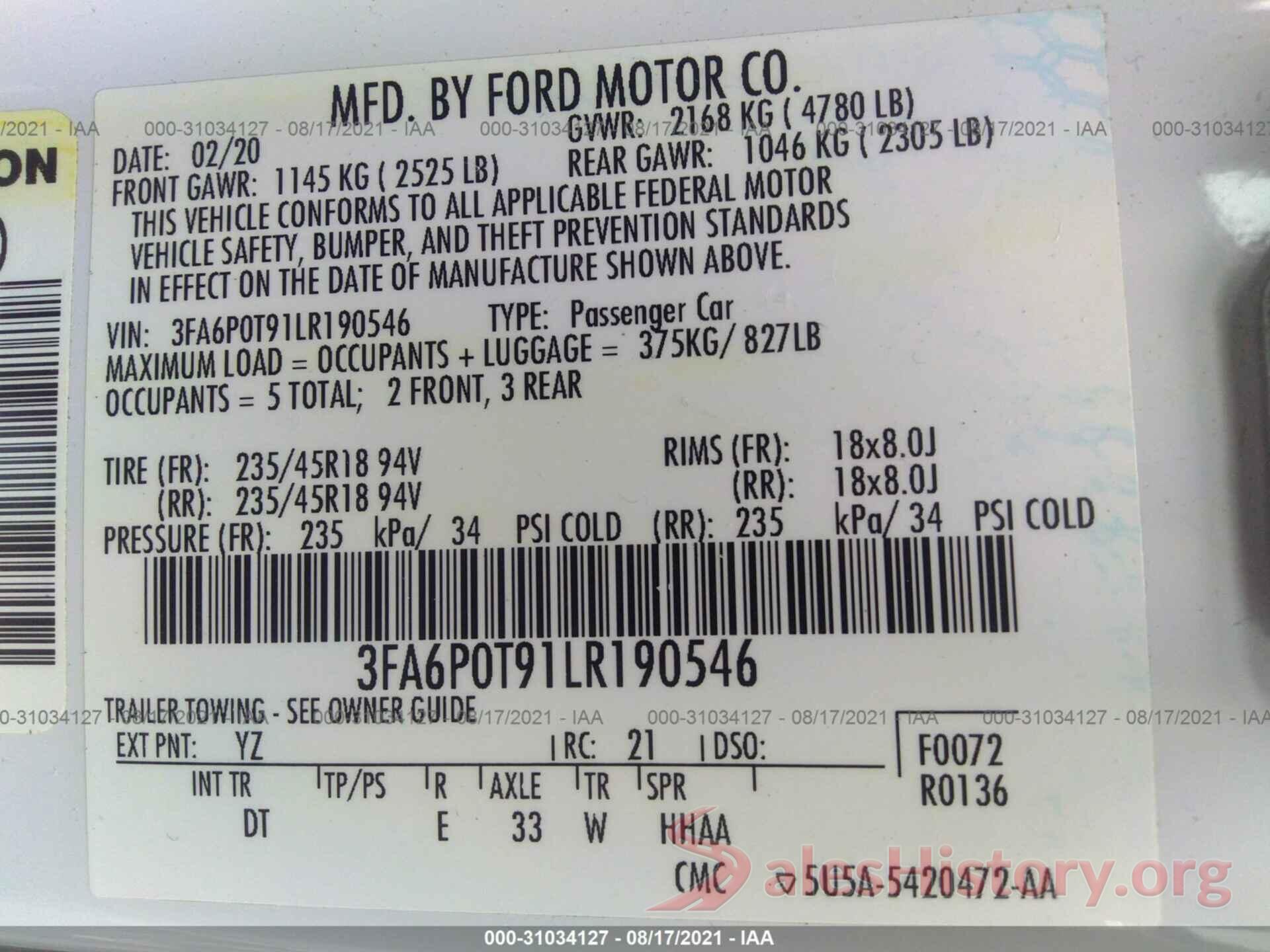 3FA6P0T91LR190546 2020 FORD FUSION