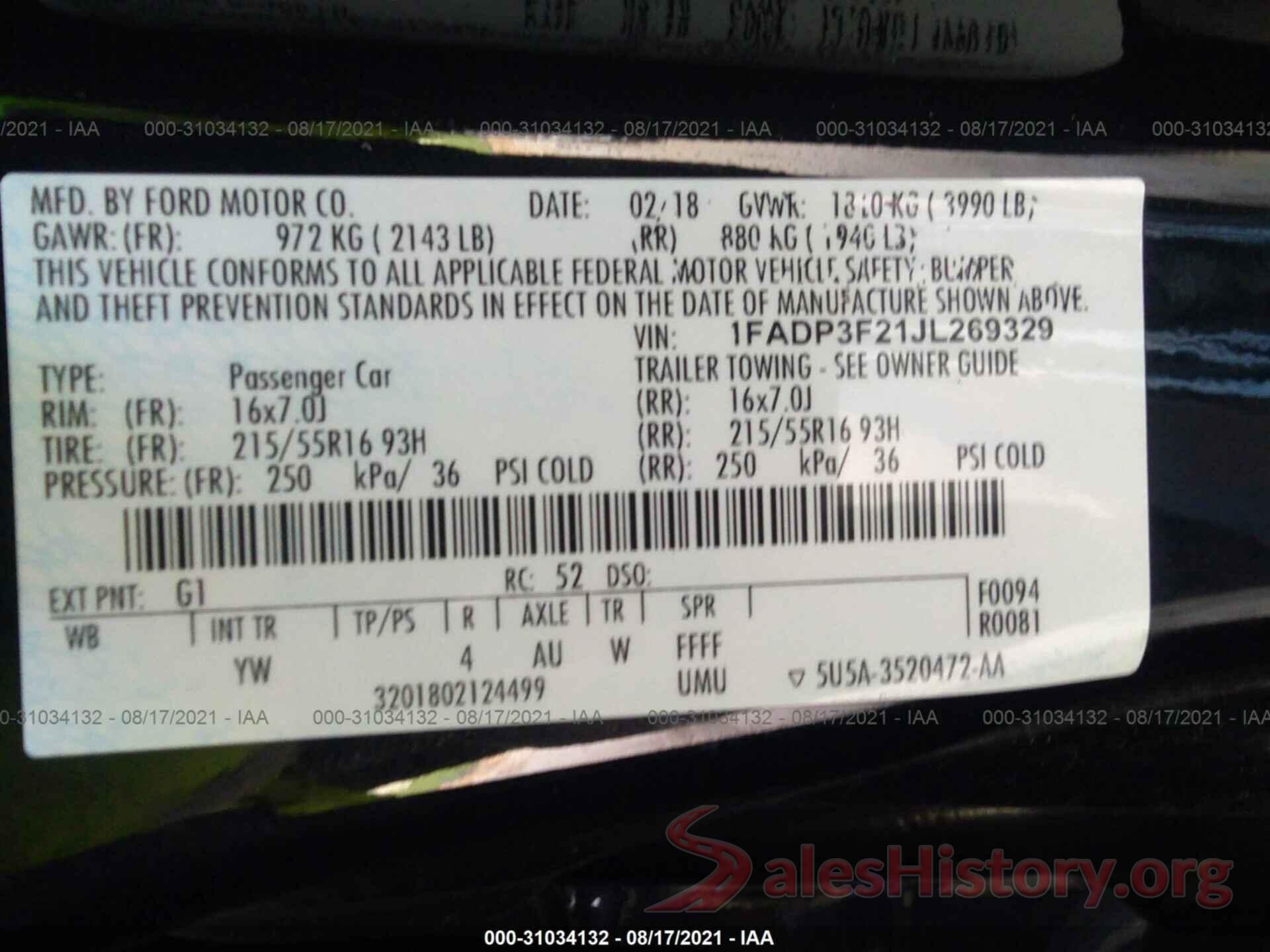 1FADP3F21JL269329 2018 FORD FOCUS