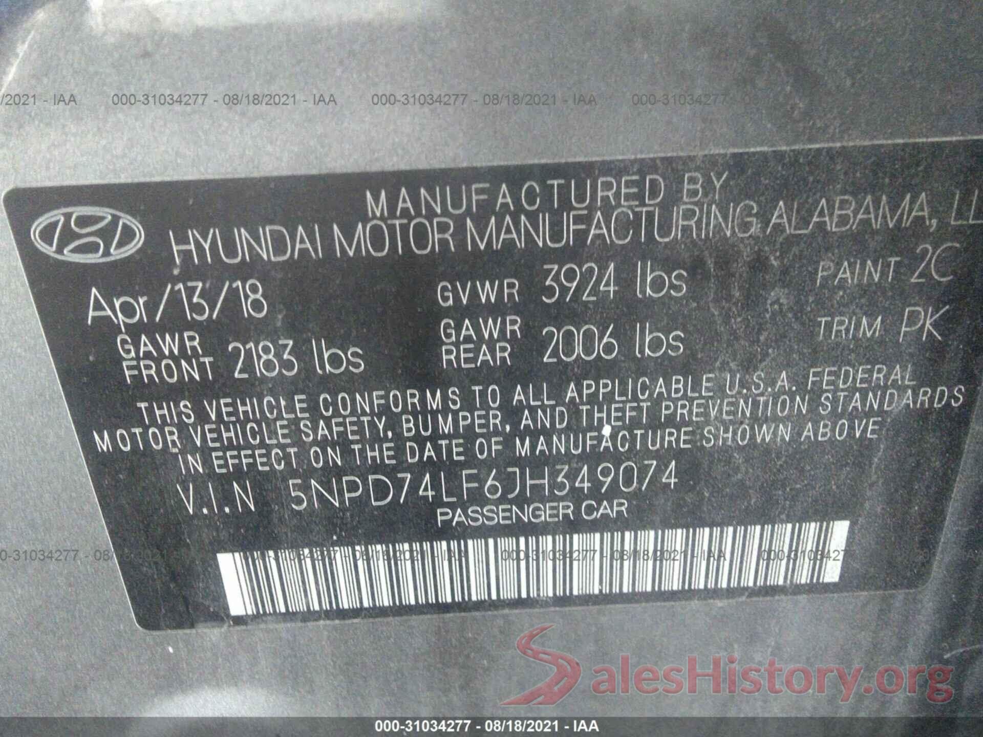 5NPD74LF6JH349074 2018 HYUNDAI ELANTRA