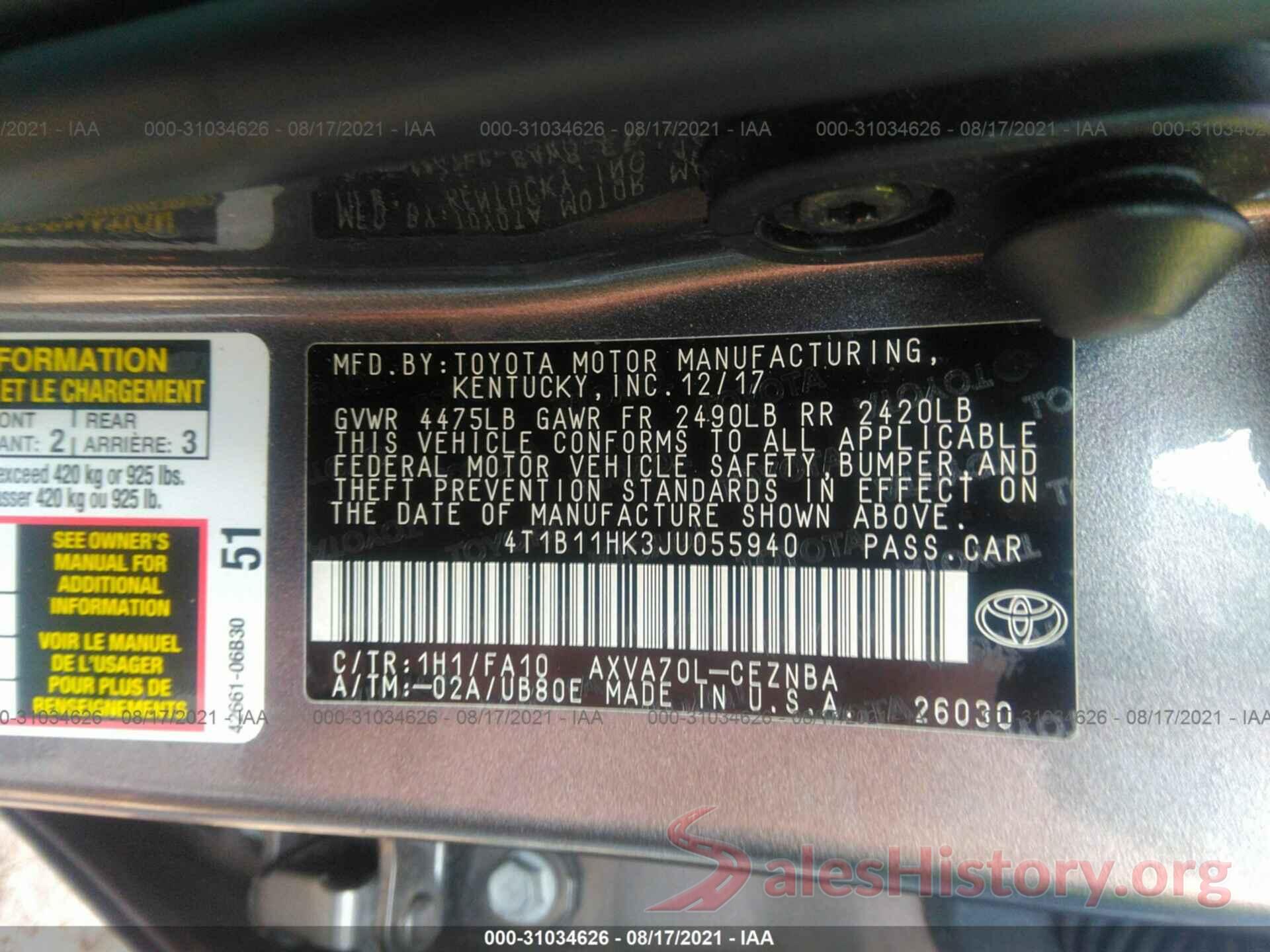 4T1B11HK3JU055940 2018 TOYOTA CAMRY