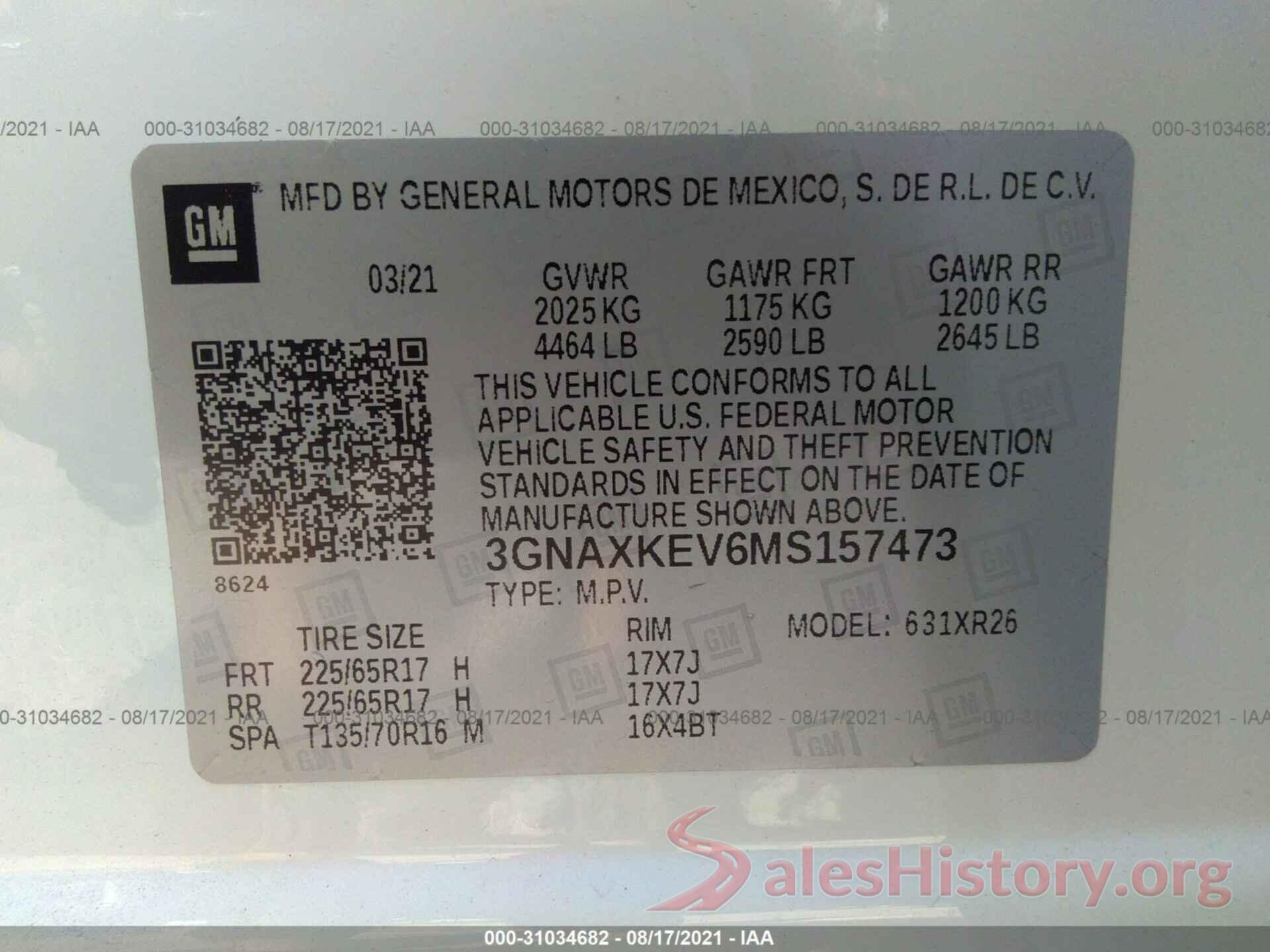 3GNAXKEV6MS157473 2021 CHEVROLET EQUINOX