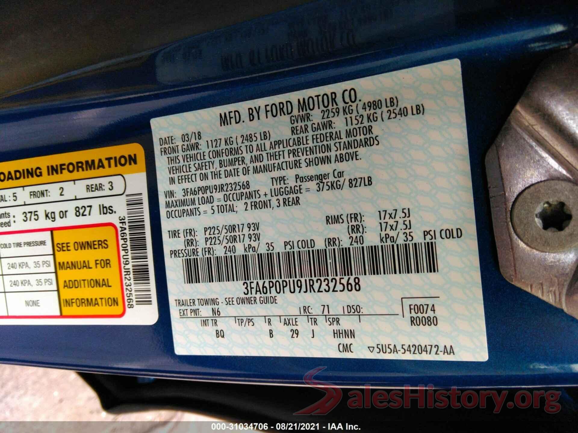 3FA6P0PU9JR232568 2018 FORD FUSION ENERGI