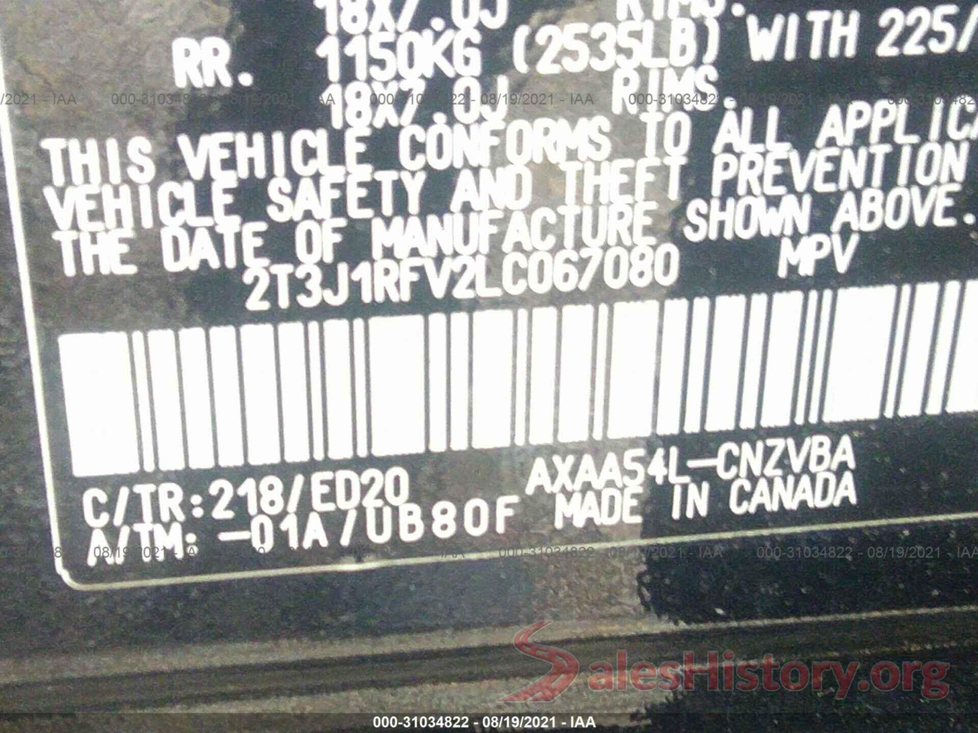 2T3J1RFV2LC067080 2020 TOYOTA RAV4