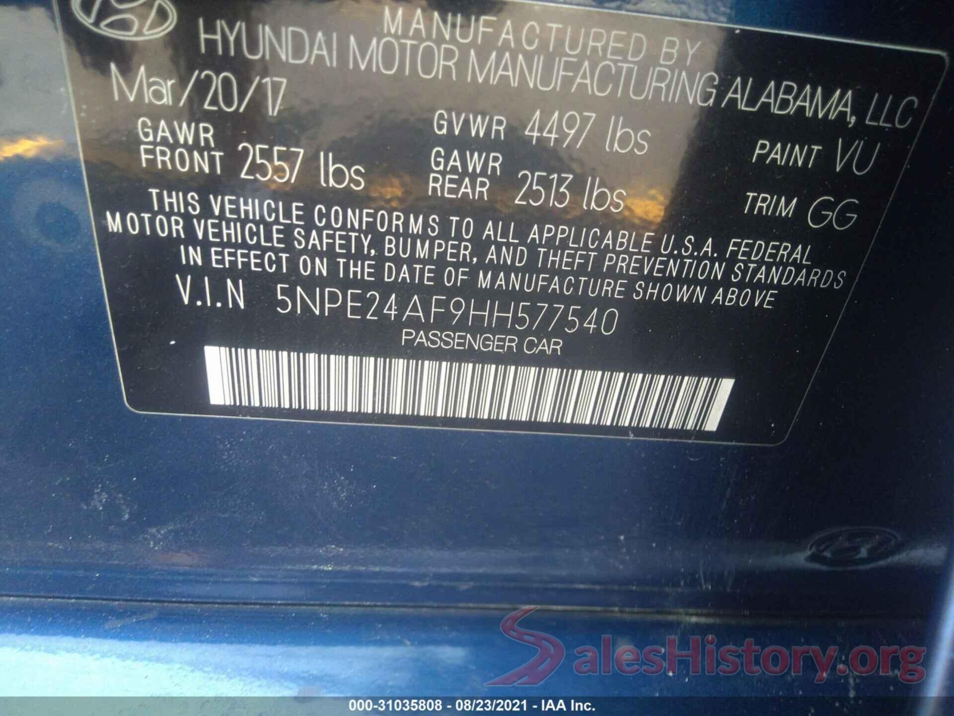 5NPE24AF9HH577540 2017 HYUNDAI SONATA