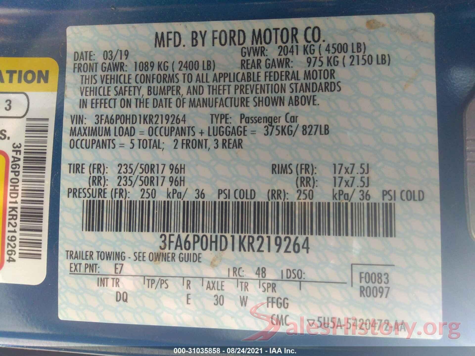 3FA6P0HD1KR219264 2019 FORD FUSION