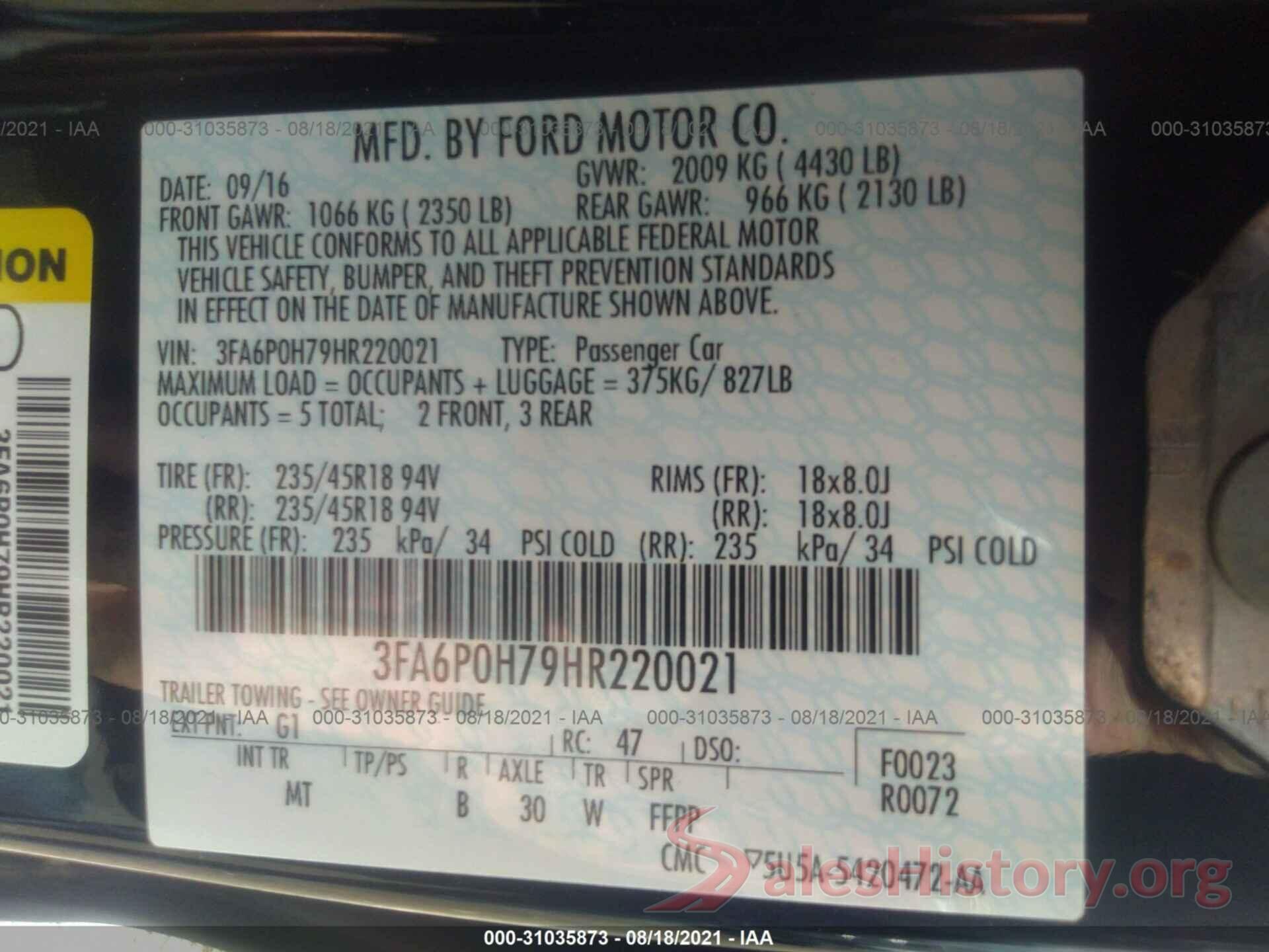 3FA6P0H79HR220021 2017 FORD FUSION