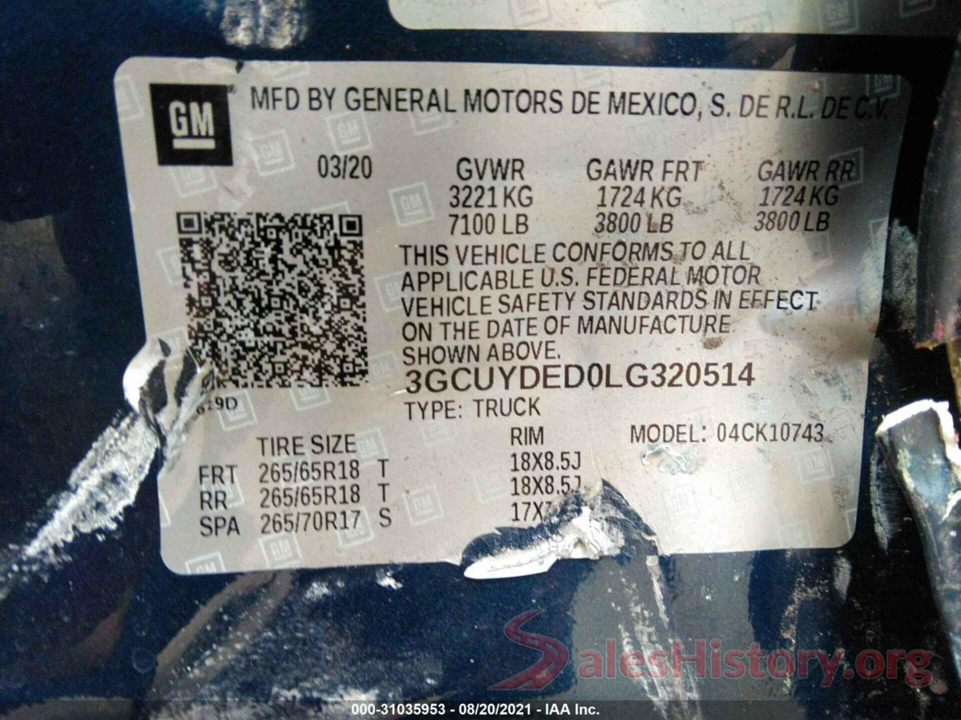 3GCUYDED0LG320514 2020 CHEVROLET SILVERADO 1500