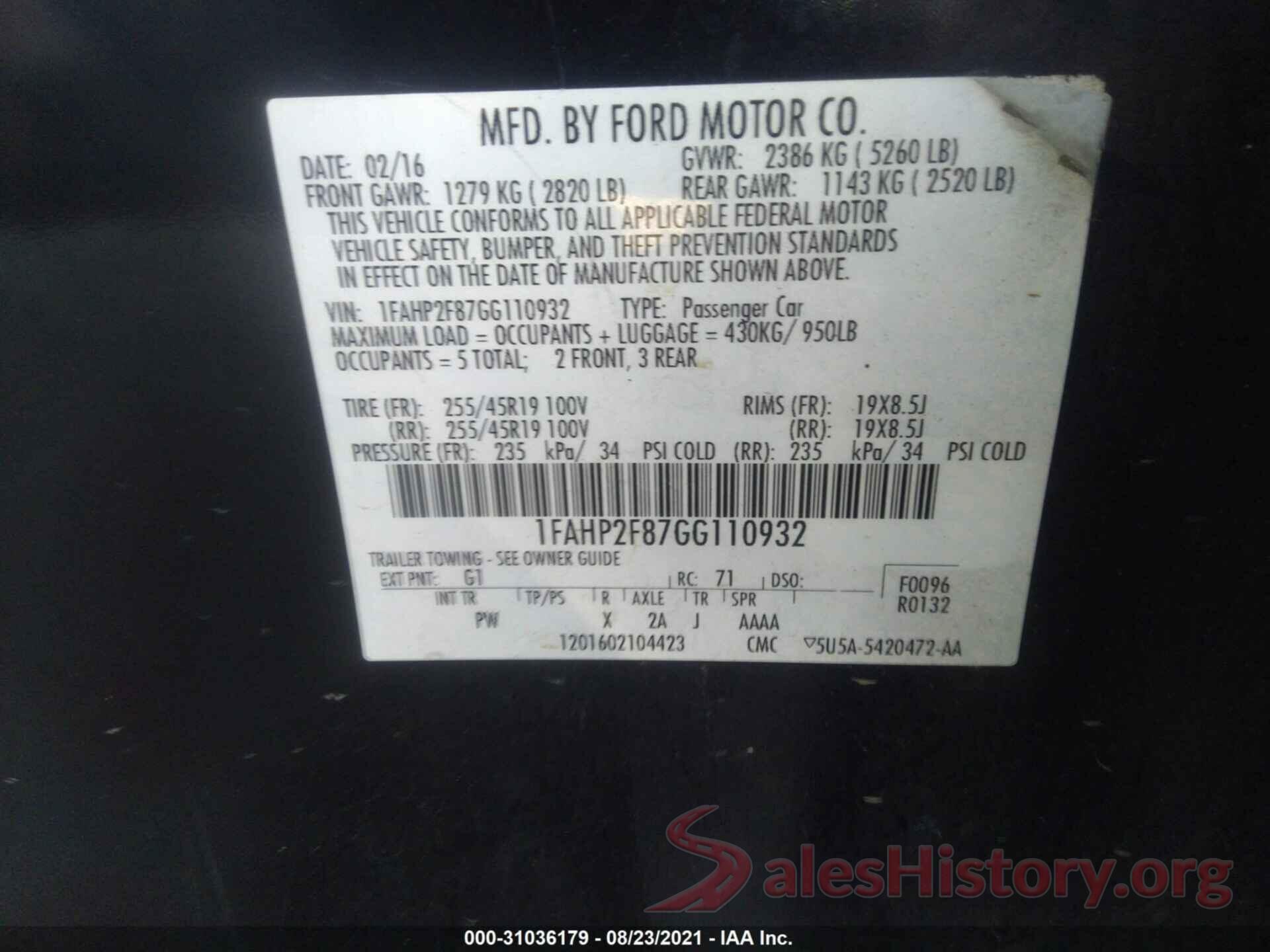 1FAHP2F87GG110932 2016 FORD TAURUS